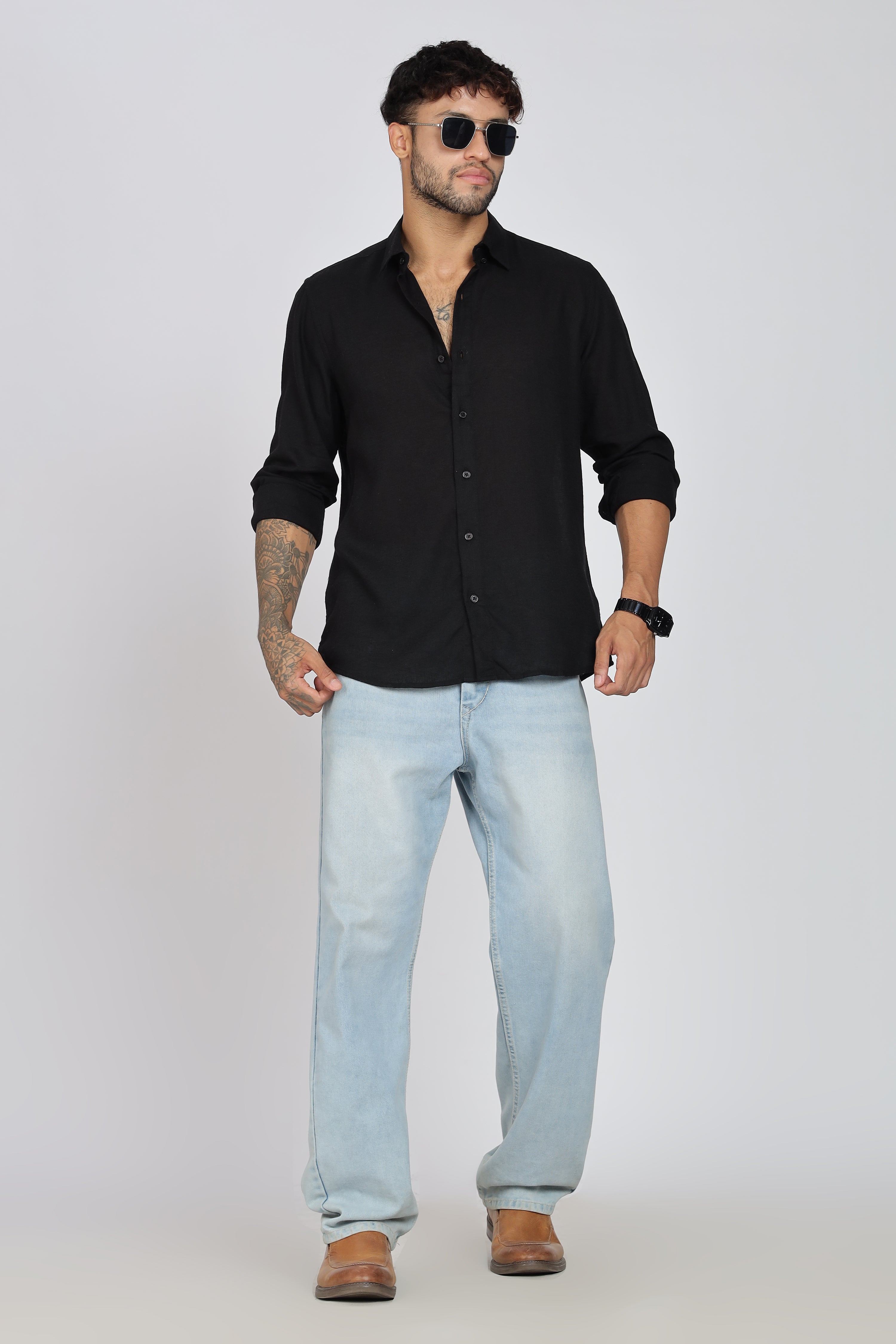 Men's Full Sleeves Plain Black Shirt | Imported Linen Fabric| Formal & Party Wear