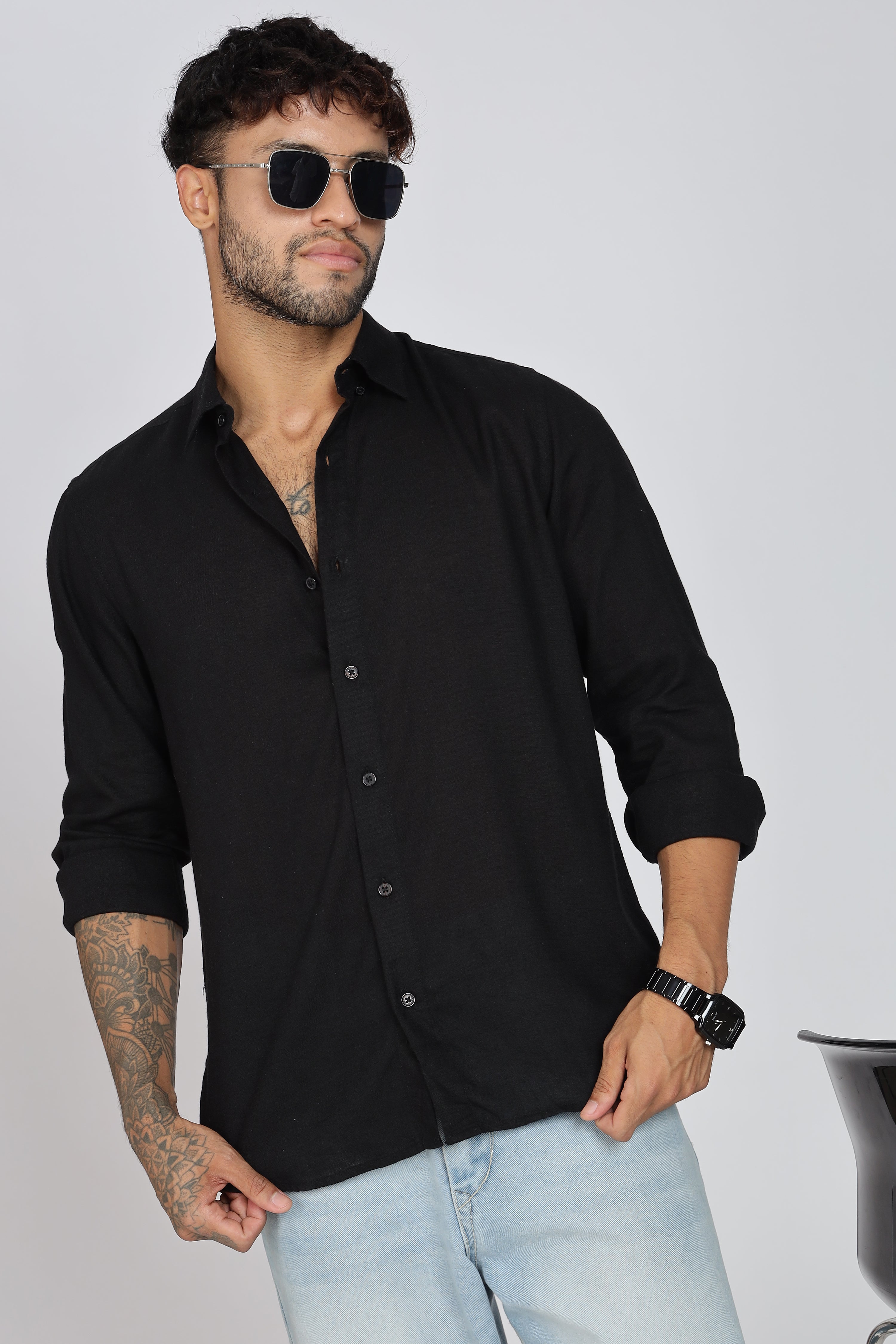 Men's Full Sleeves Plain Black Shirt | Imported Linen Fabric| Formal & Party Wear