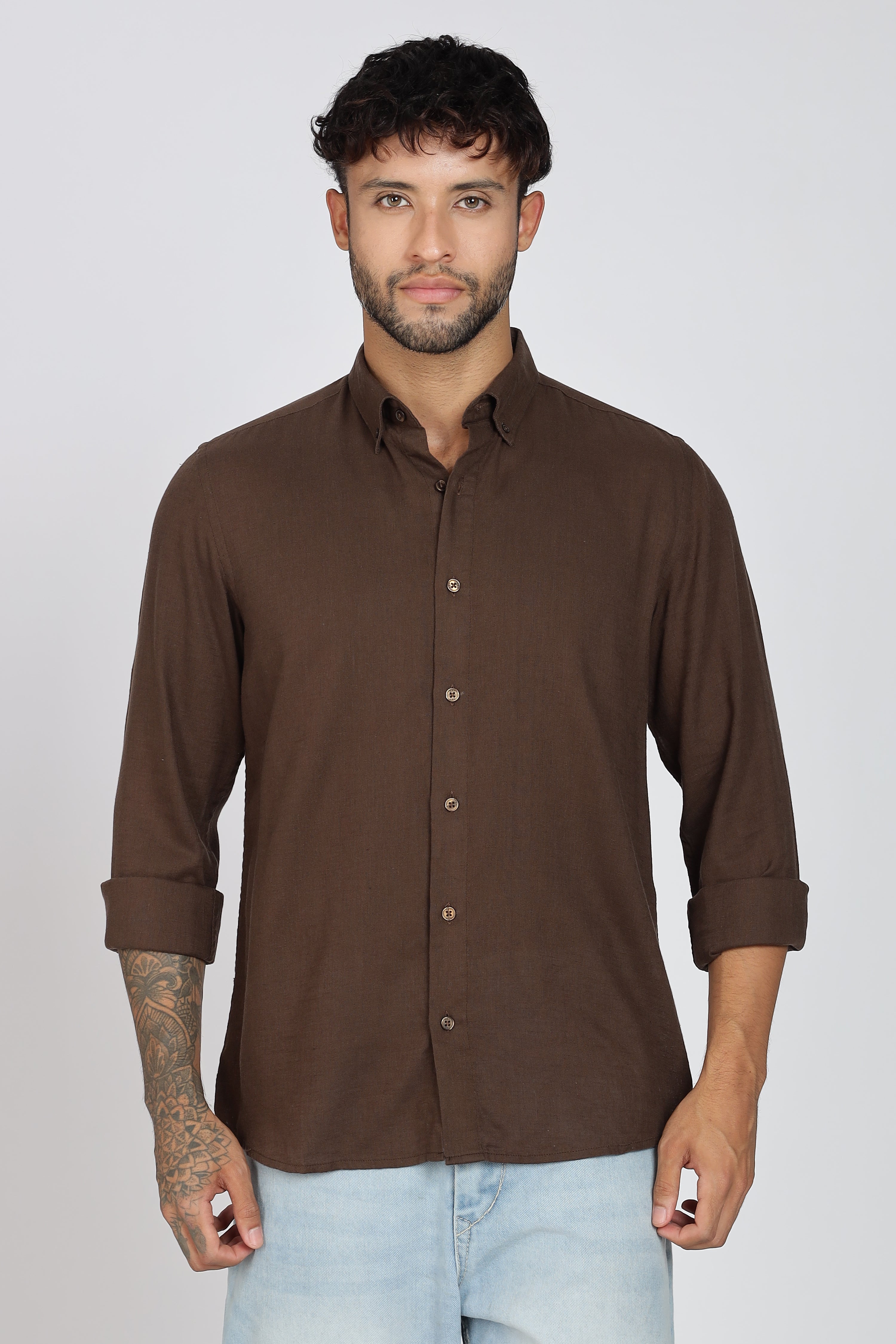 Men's Full Sleeves Plain Brown Shirt | Imported Linen Fabric | Formal & Party Wear