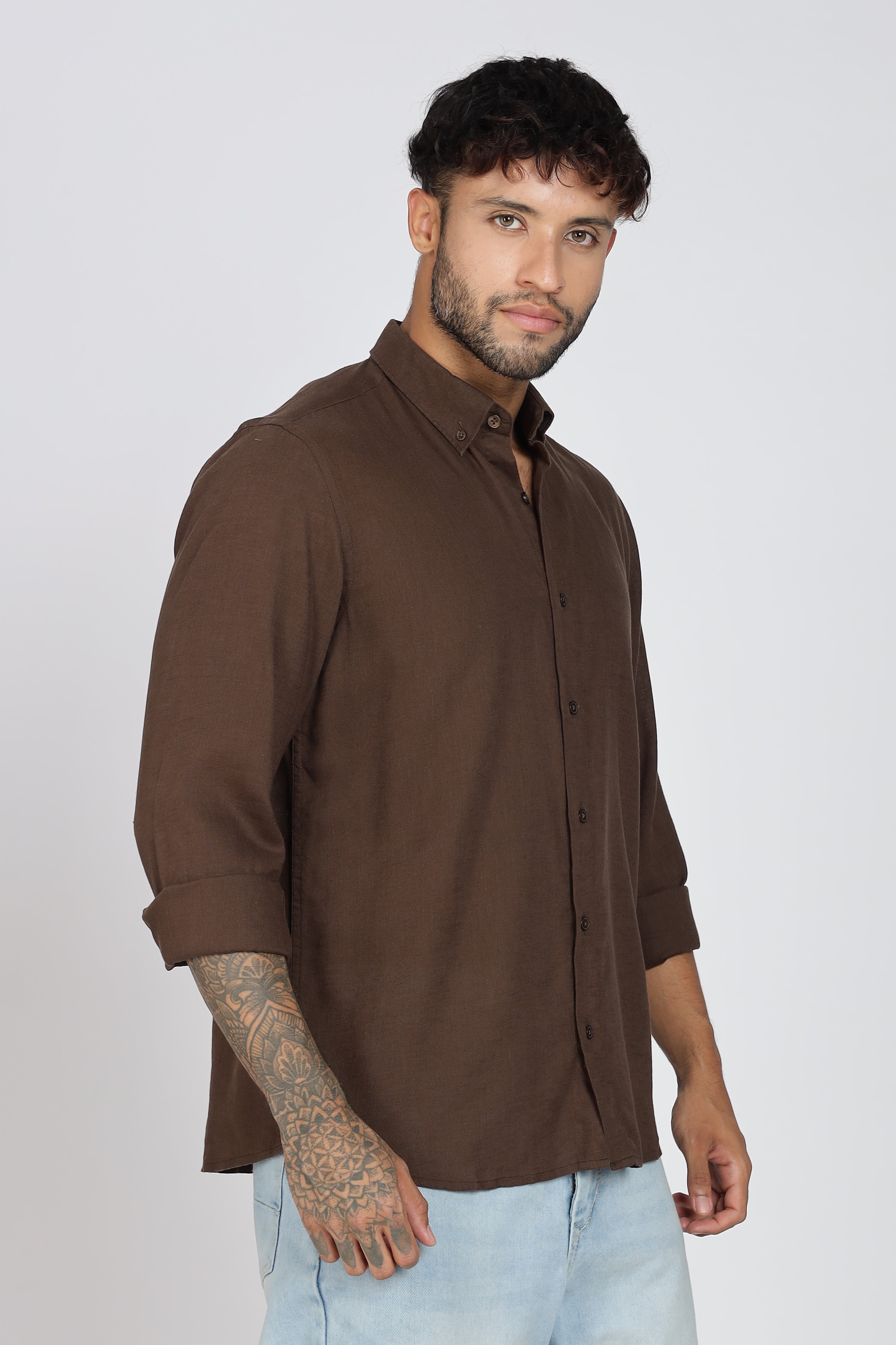 Men's Full Sleeves Plain Brown Shirt | Imported Linen Fabric | Formal & Party Wear