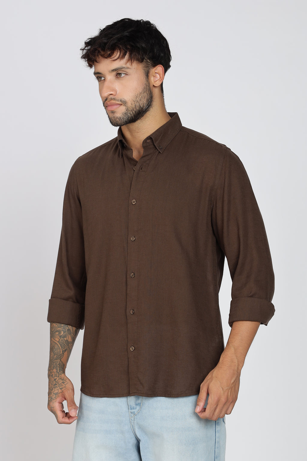 Men's Full Sleeves Plain Brown Shirt | Imported Linen Fabric | Formal & Party Wear
