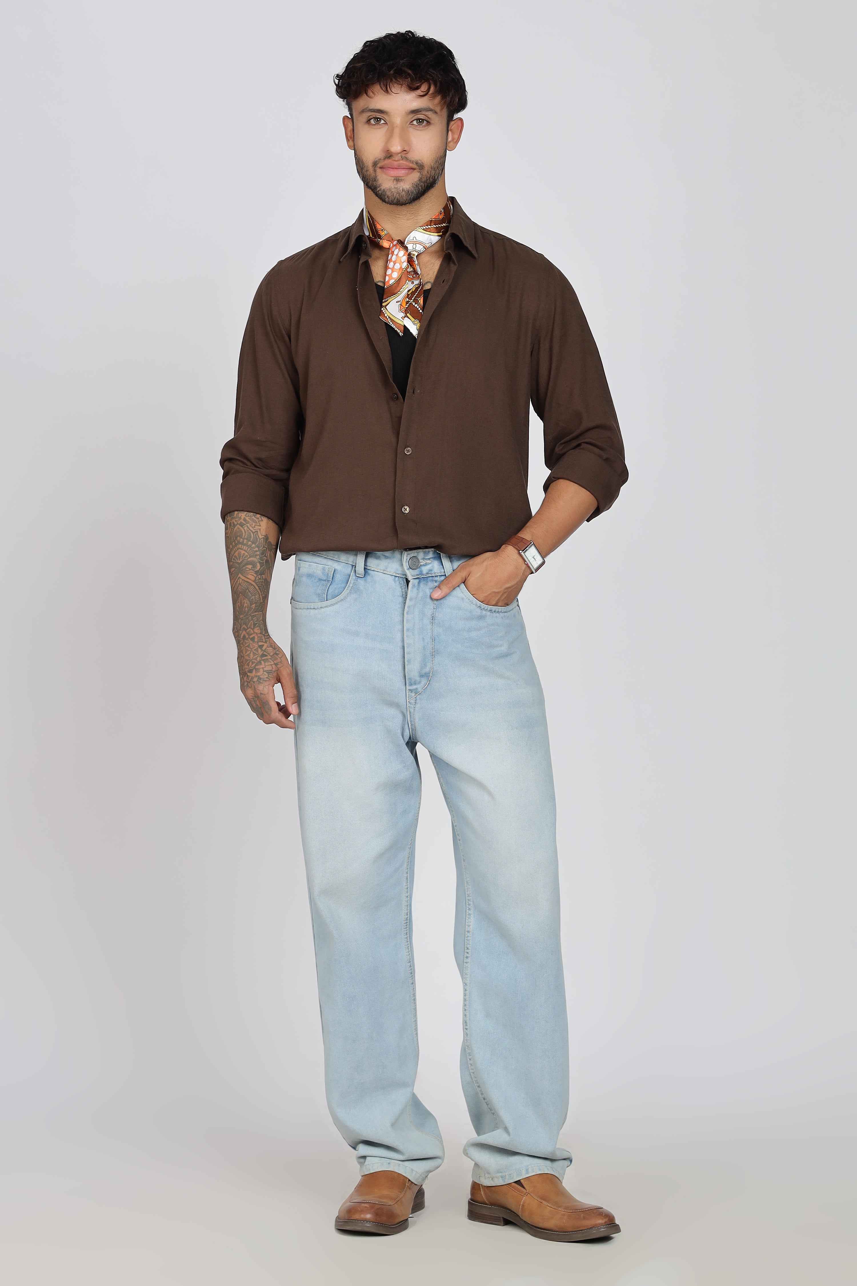 Men's Full Sleeves Plain Brown Shirt | Imported Linen Fabric | Formal & Party Wear