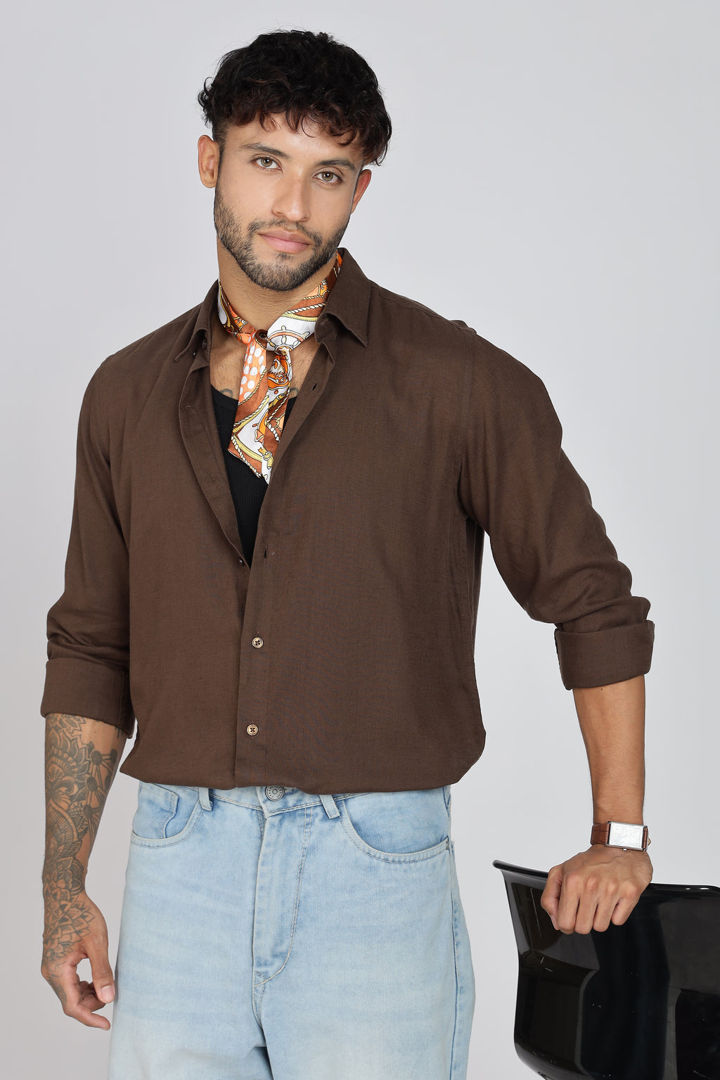 Men's Full Sleeves Plain Brown Shirt | Imported Linen Fabric | Formal & Party Wear