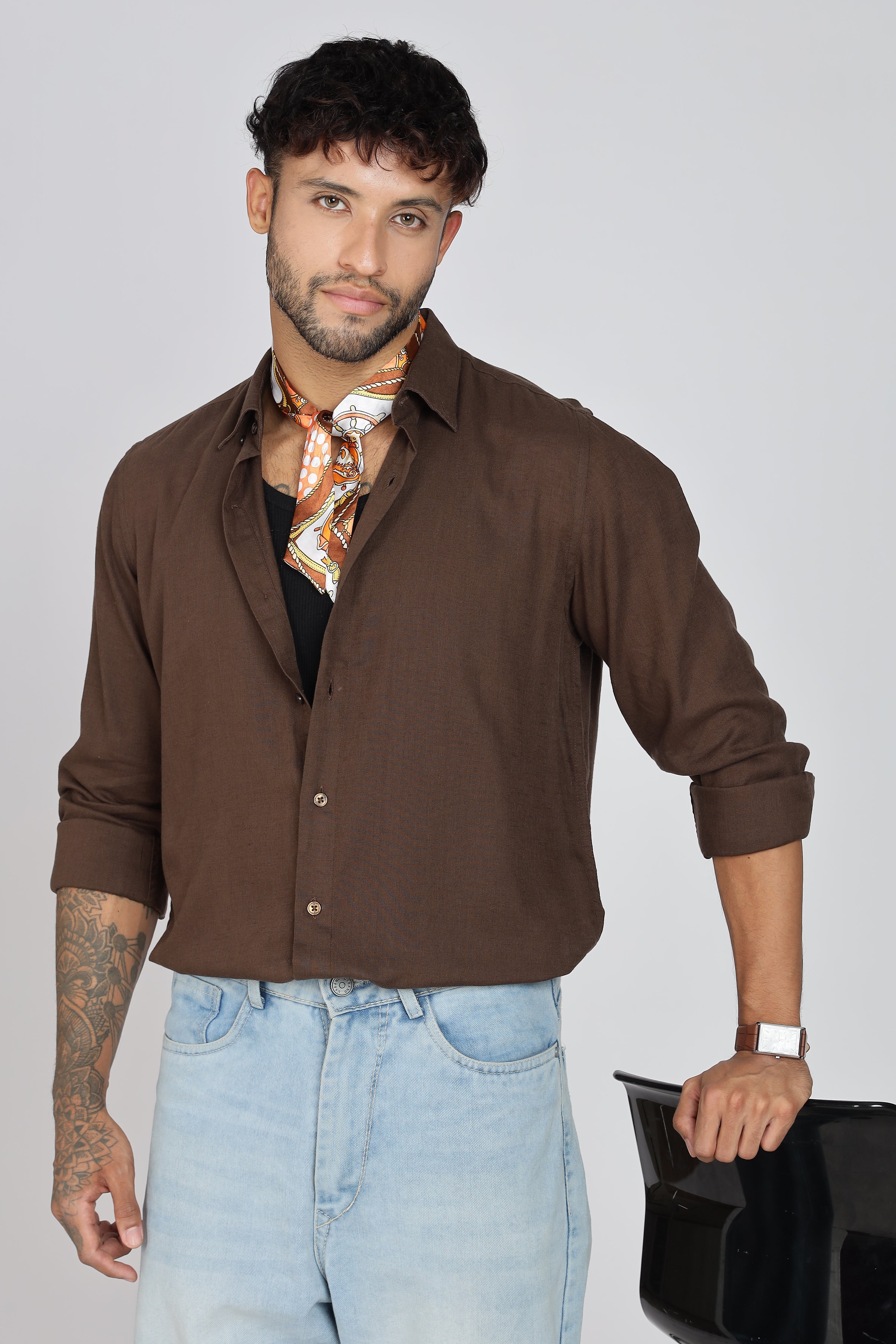 Men's Full Sleeves Plain Brown Shirt | Imported Linen Fabric | Formal & Party Wear