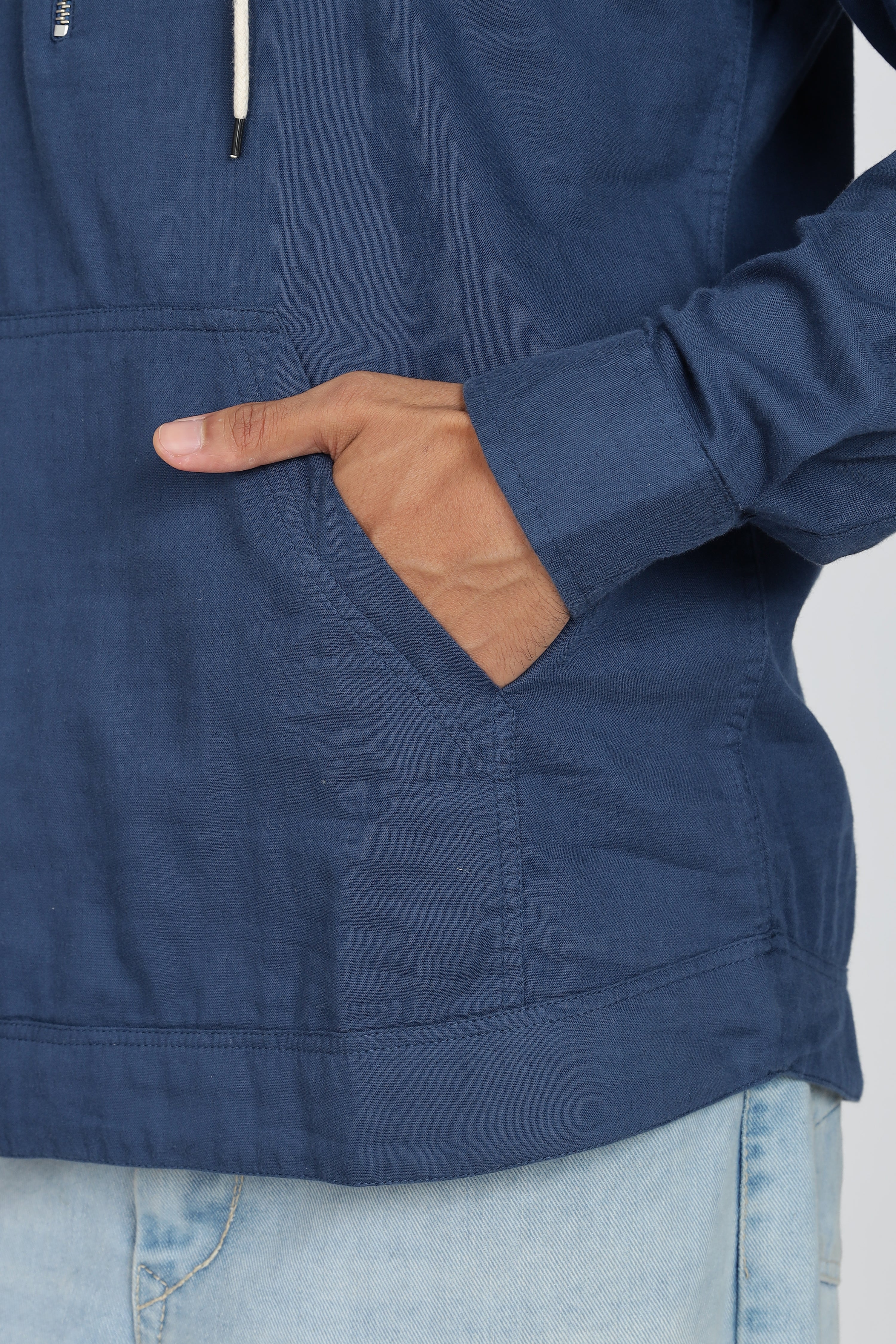 Men's Full Sleeves Plain Blue Hoodie | Imported Linen Fabric | Casual Wear