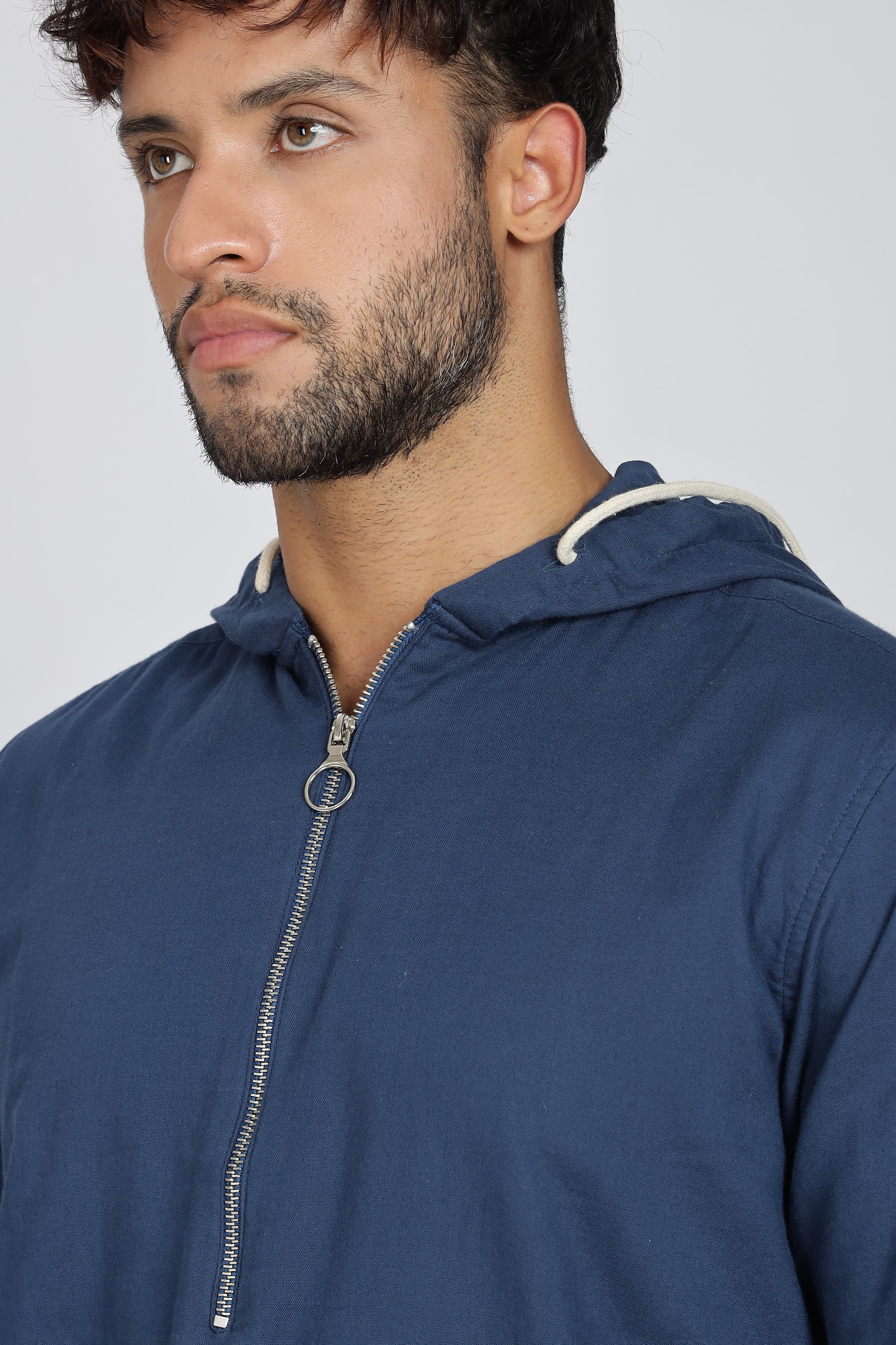 Men's Full Sleeves Plain Blue Hoodie | Imported Linen Fabric | Casual Wear