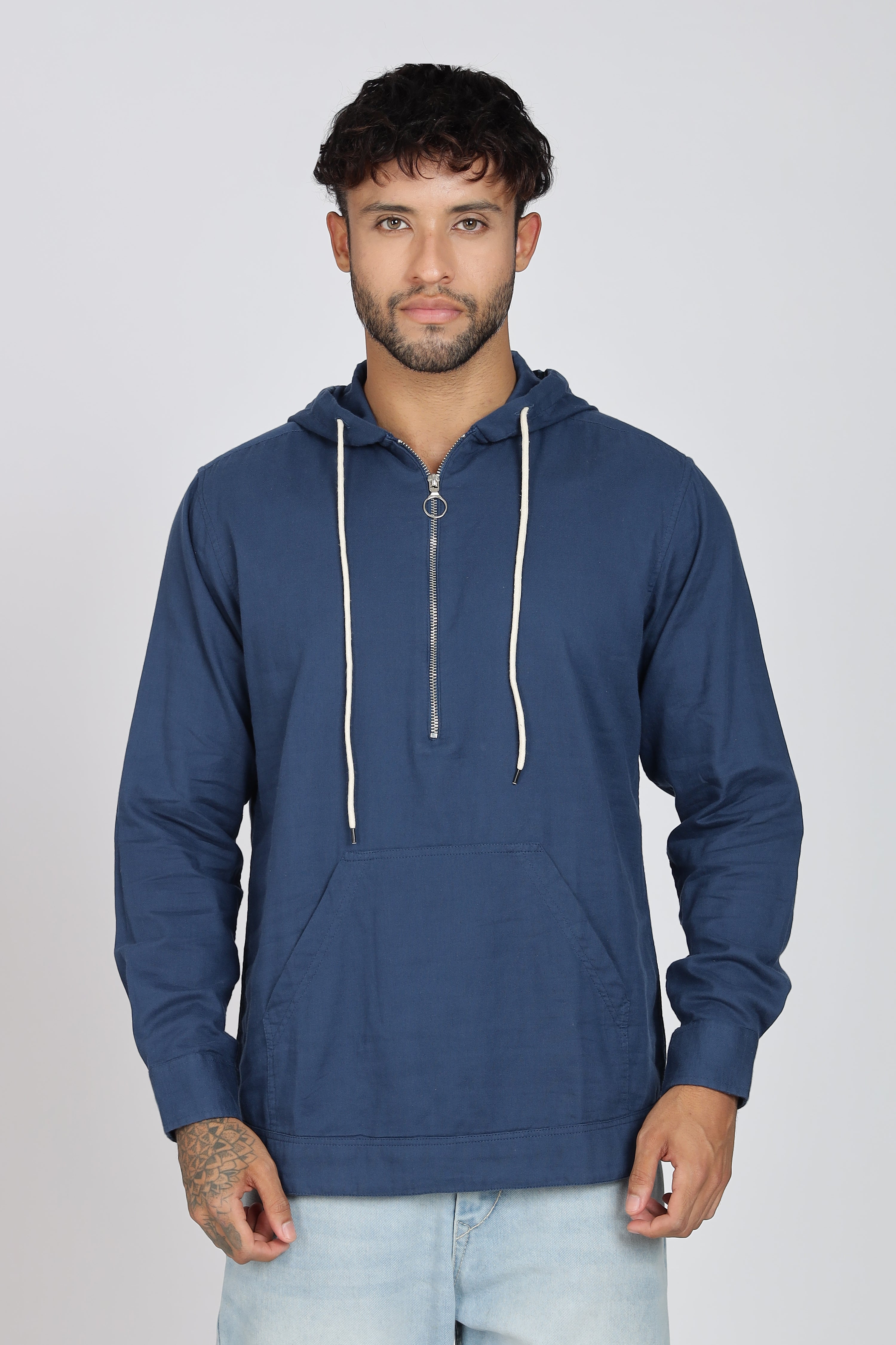 Men's Full Sleeves Plain Blue Hoodie | Imported Linen Fabric | Casual Wear