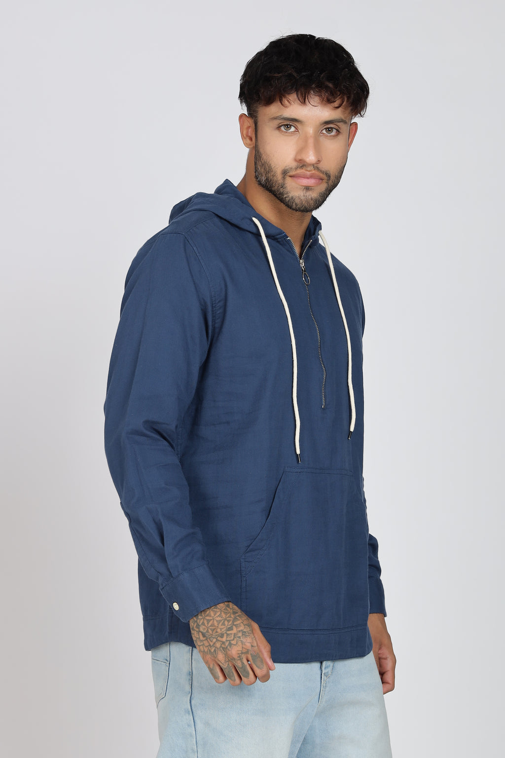 Men's Full Sleeves Plain Blue Hoodie | Imported Linen Fabric | Casual Wear