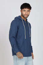 Men's Full Sleeves Plain Blue Hoodie | Imported Linen Fabric | Casual Wear
