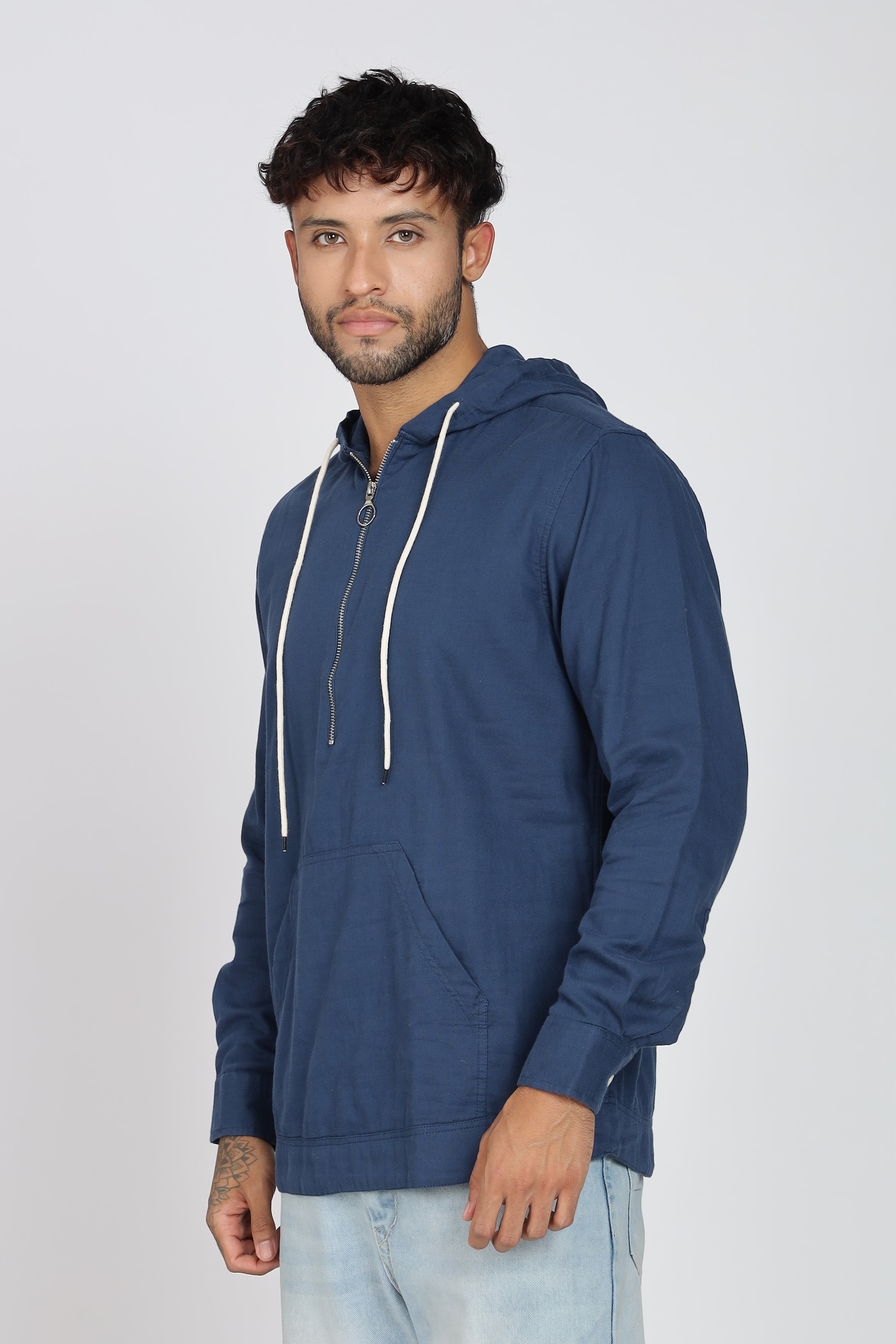 Men's Full Sleeves Plain Blue Hoodie | Imported Linen Fabric | Casual Wear