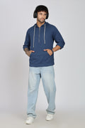 Men's Full Sleeves Plain Blue Hoodie | Imported Linen Fabric | Casual Wear
