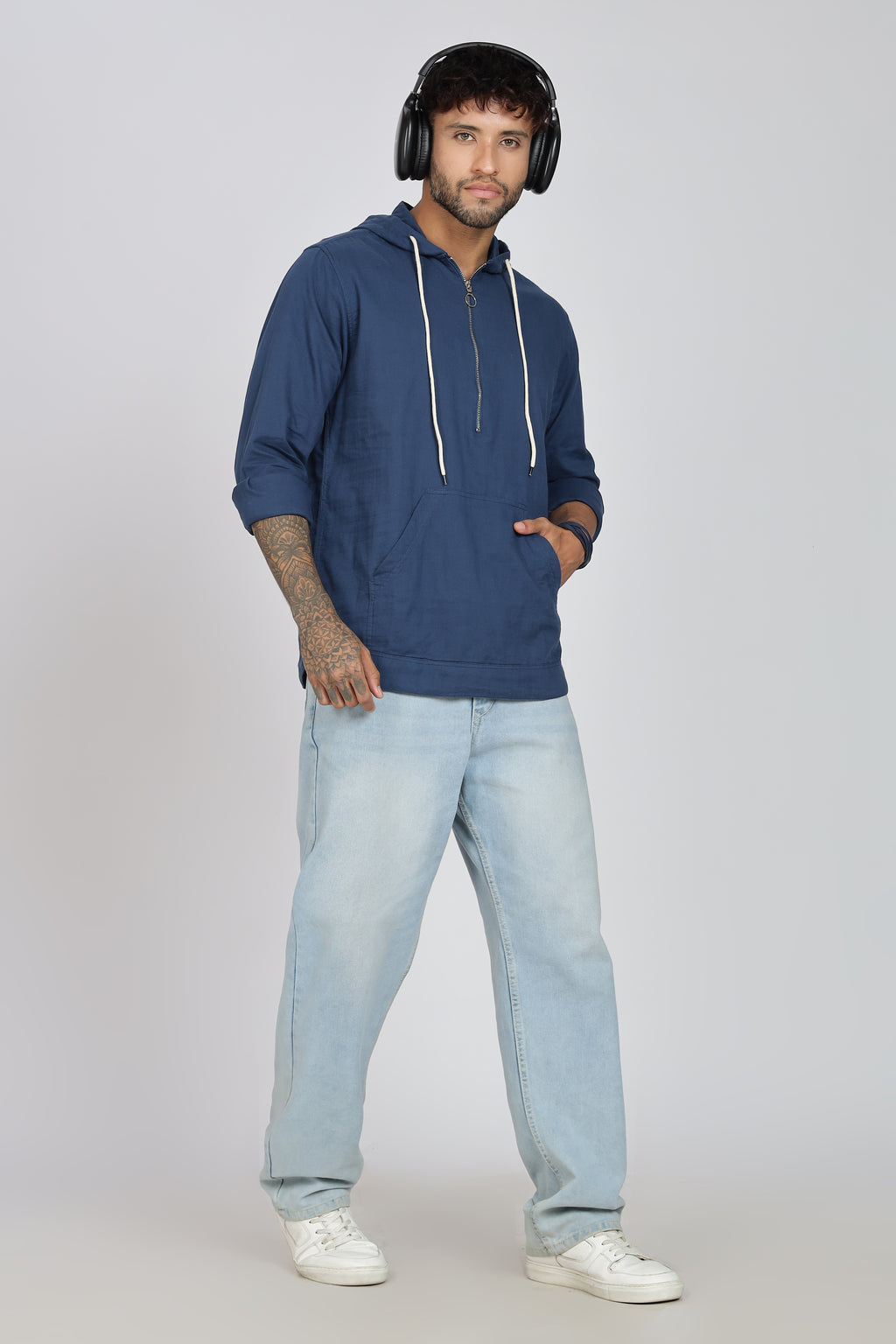 Men's Full Sleeves Plain Blue Hoodie | Imported Linen Fabric | Casual Wear