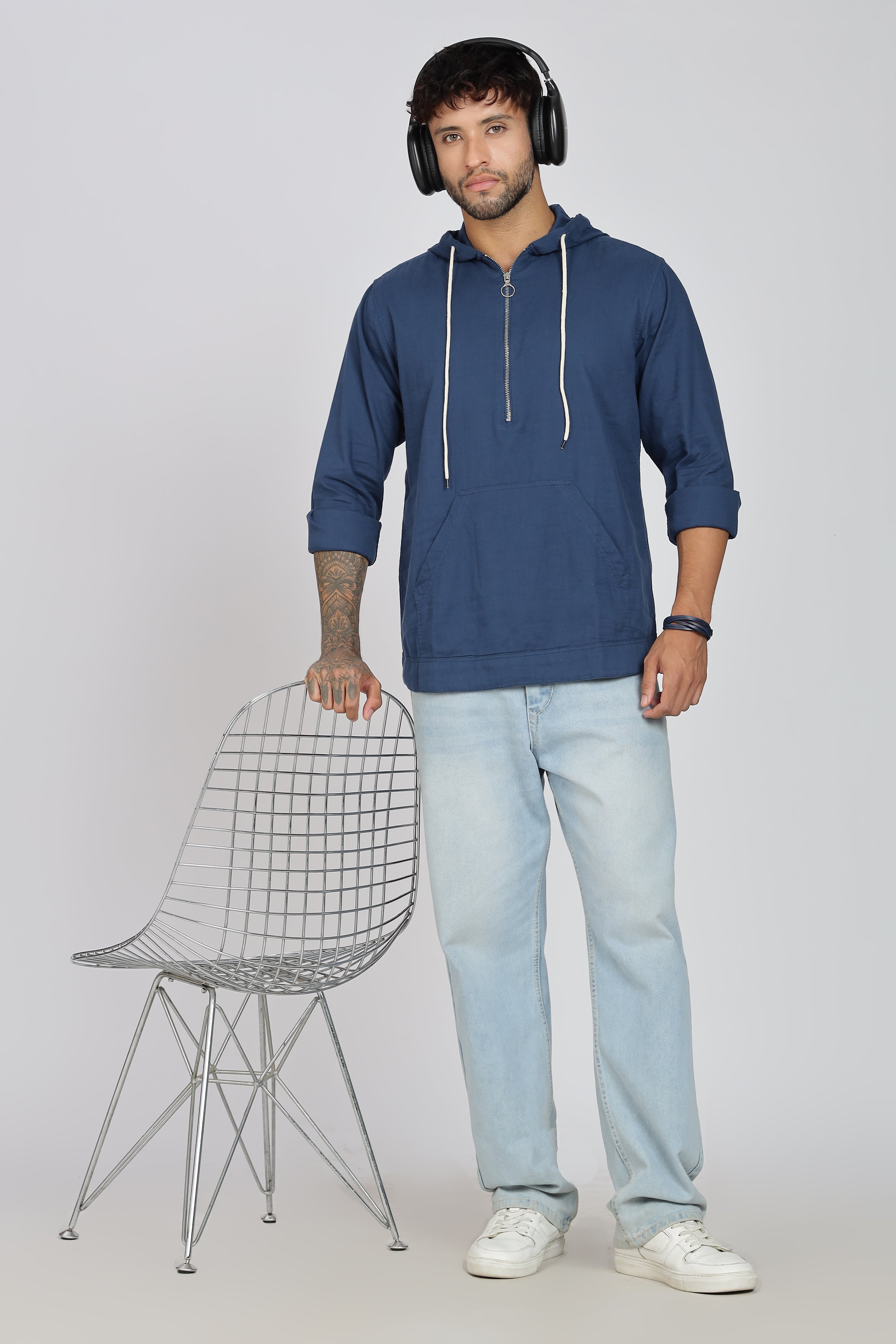 Men's Full Sleeves Plain Blue Hoodie | Imported Linen Fabric | Casual Wear