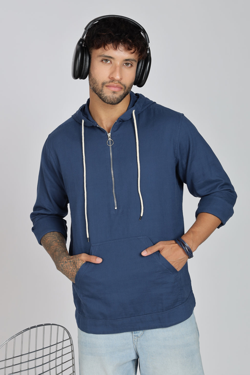 Men's Full Sleeves Plain Blue Hoodie | Imported Linen Fabric | Casual Wear