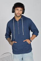 Men's Full Sleeves Plain Blue Hoodie | Imported Linen Fabric | Casual Wear