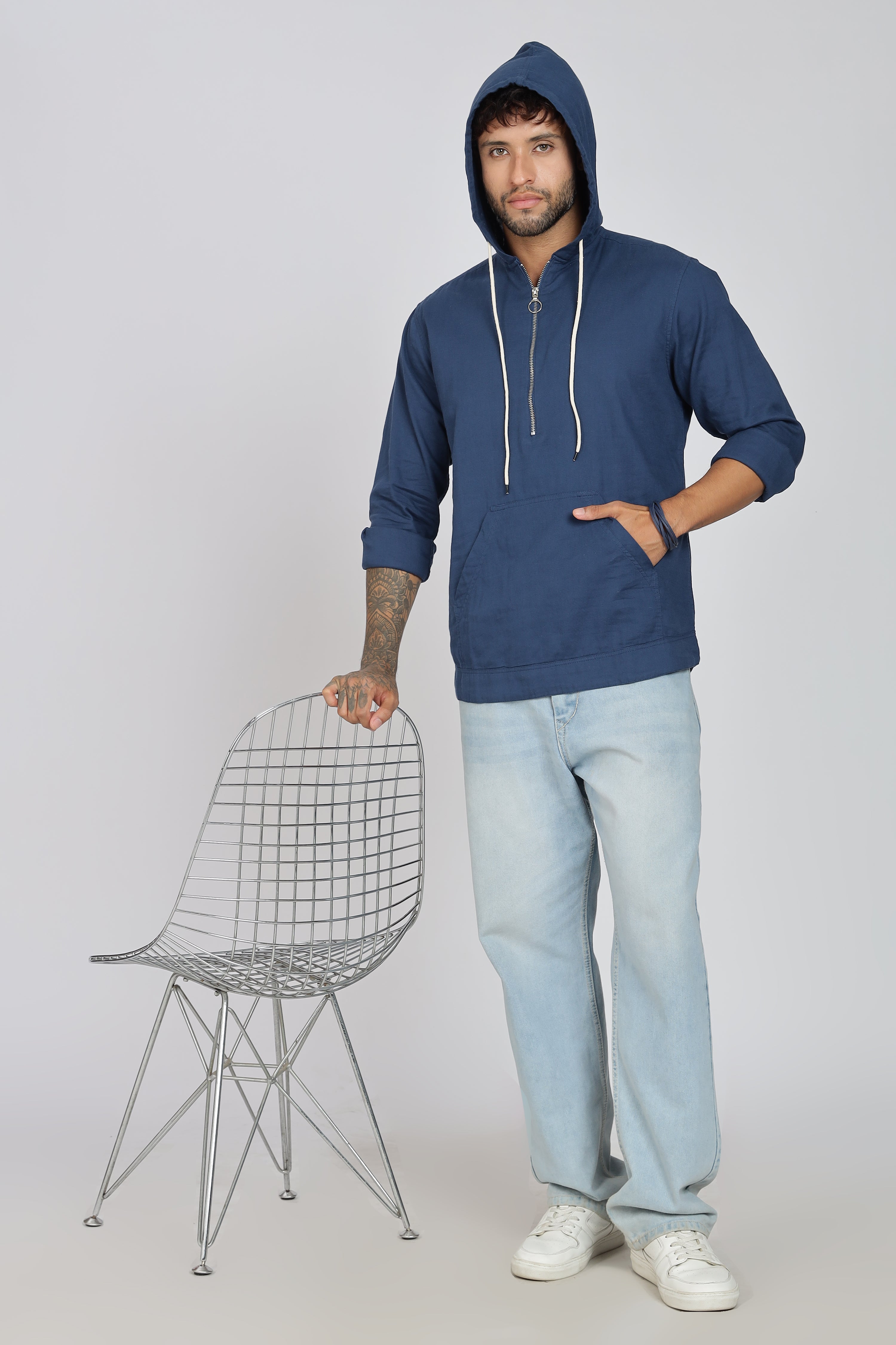 Men's Full Sleeves Plain Blue Hoodie | Imported Linen Fabric | Casual Wear