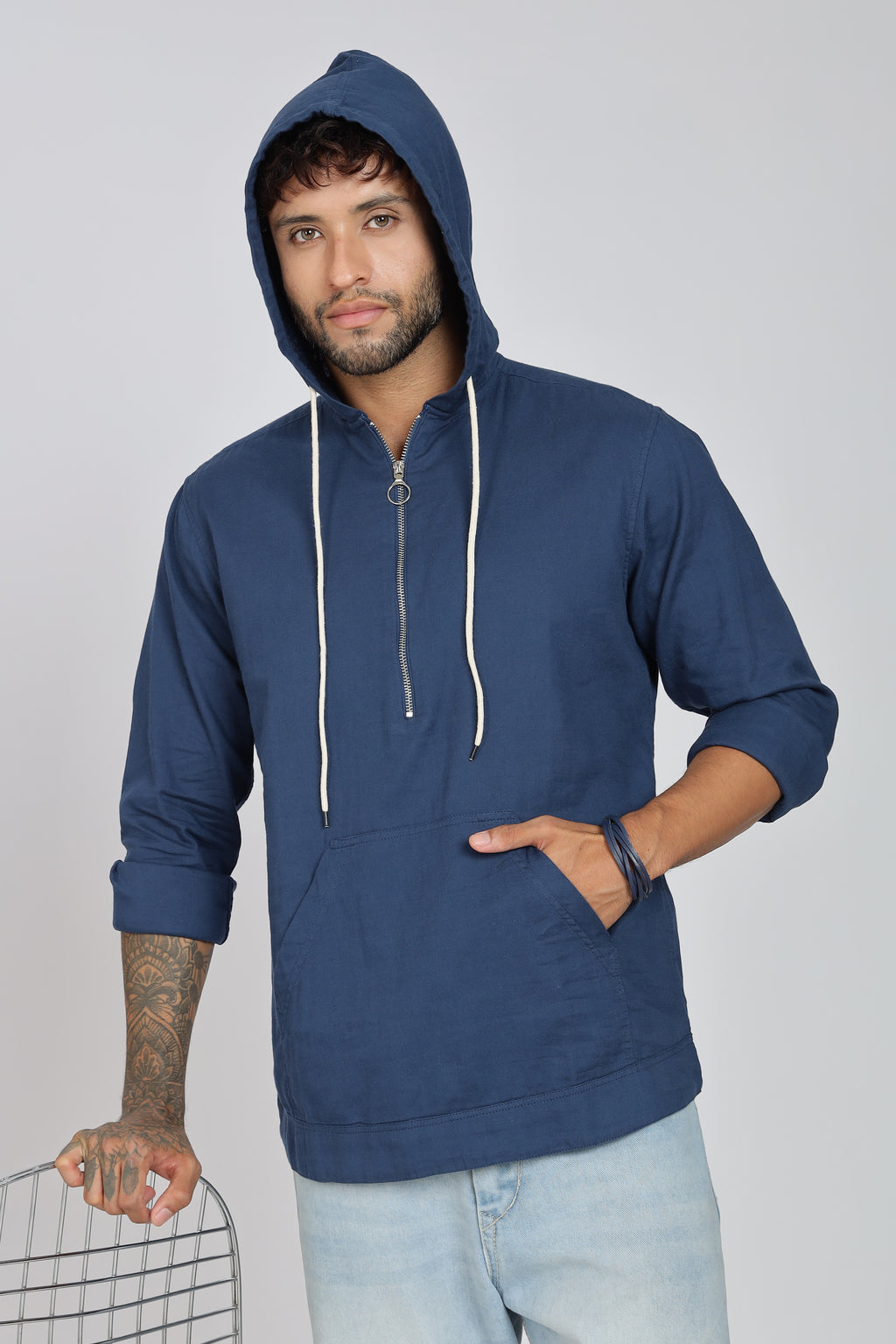 Men's Full Sleeves Plain Blue Hoodie | Imported Linen Fabric | Casual Wear