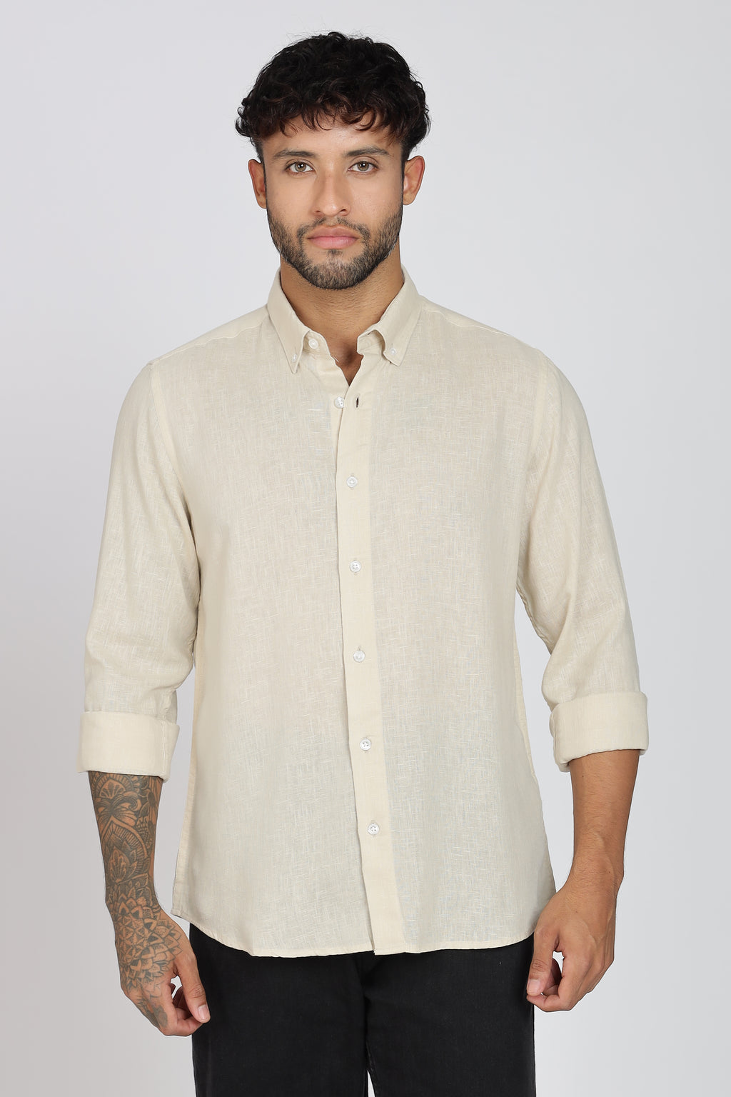 Men's Full Sleeves Plain Beige Shirt | Imported Linen Fabric | Formal & Party Wear