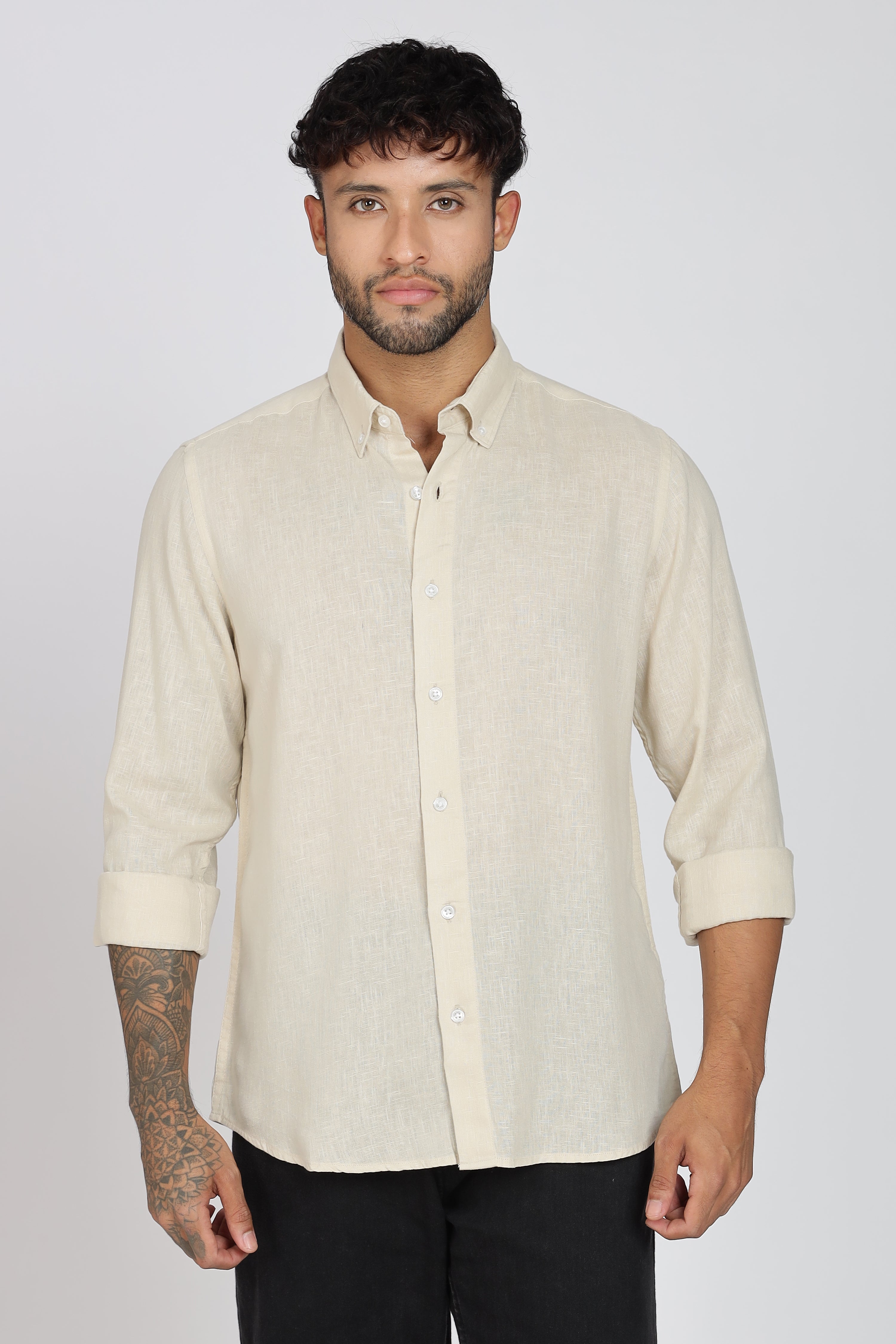 Men's Full Sleeves Plain Beige Shirt | Imported Linen Fabric | Formal & Party Wear