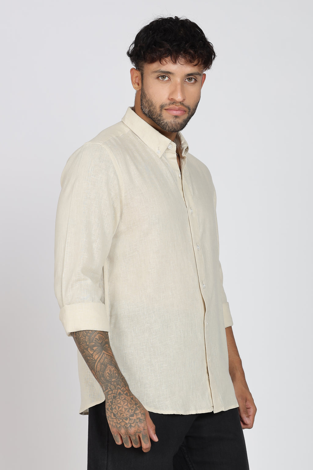 Men's Full Sleeves Plain Beige Shirt | Imported Linen Fabric | Formal & Party Wear