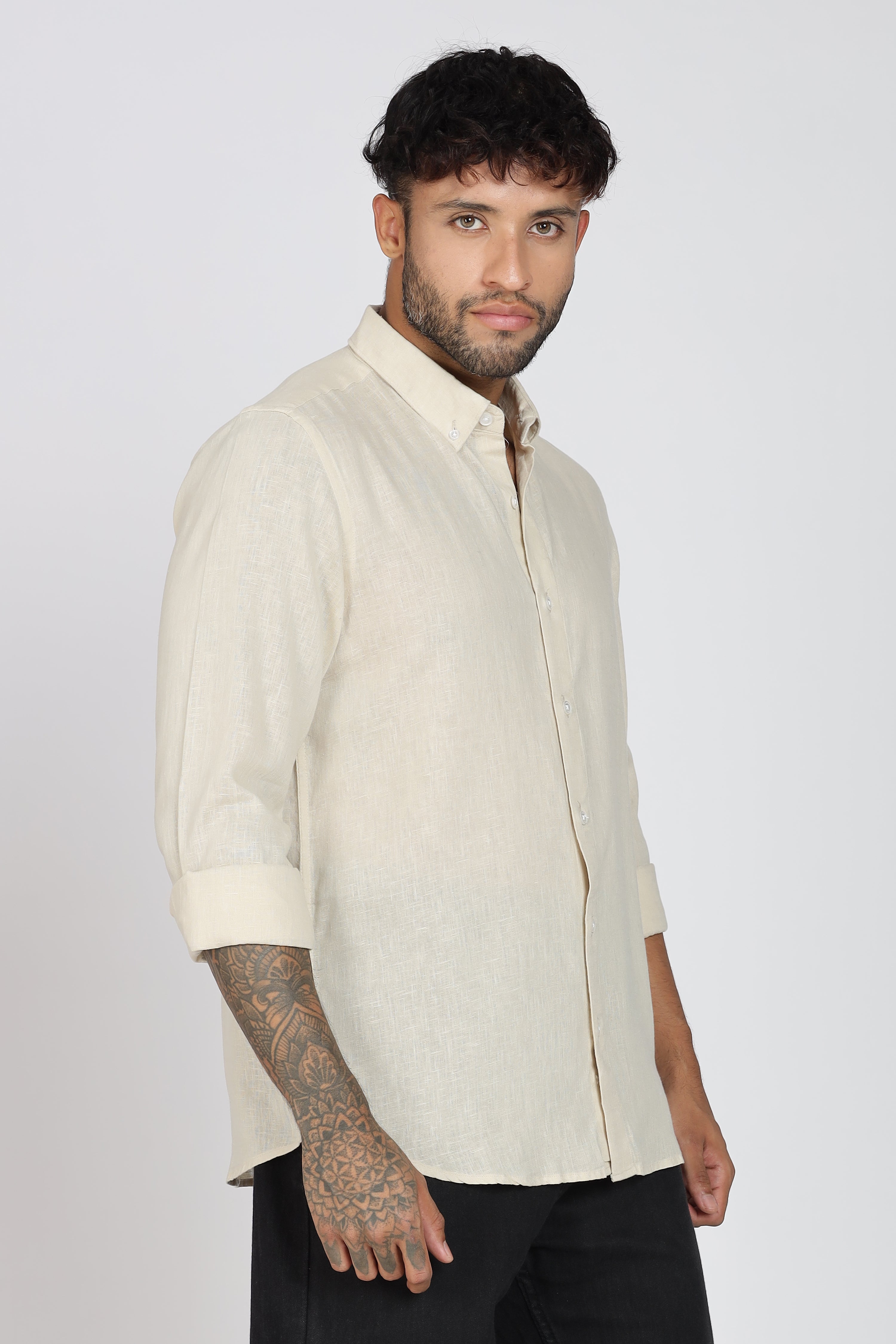 Men's Full Sleeves Plain Beige Shirt | Imported Linen Fabric | Formal & Party Wear