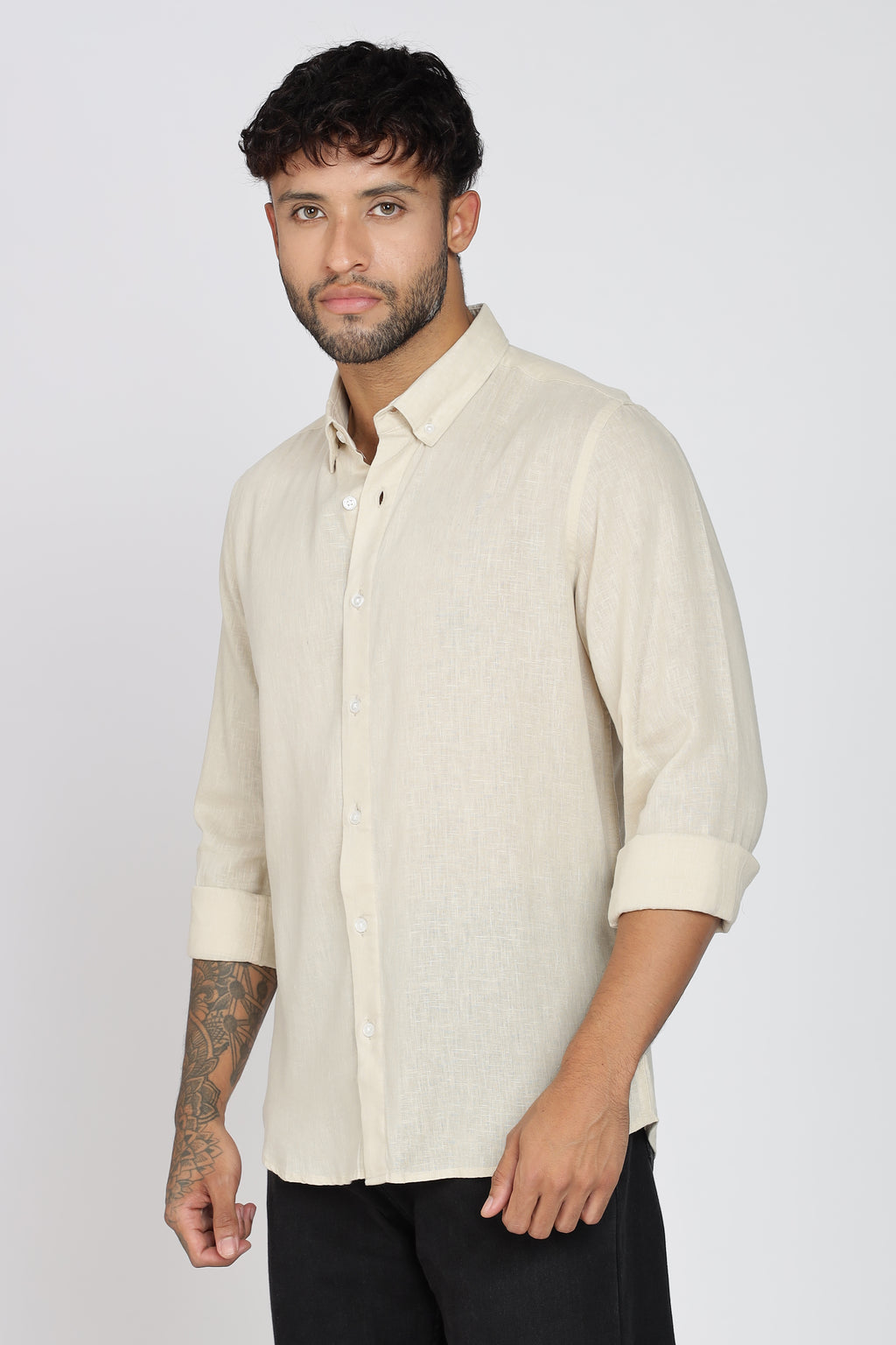 Men's Full Sleeves Plain Beige Shirt | Imported Linen Fabric | Formal & Party Wear