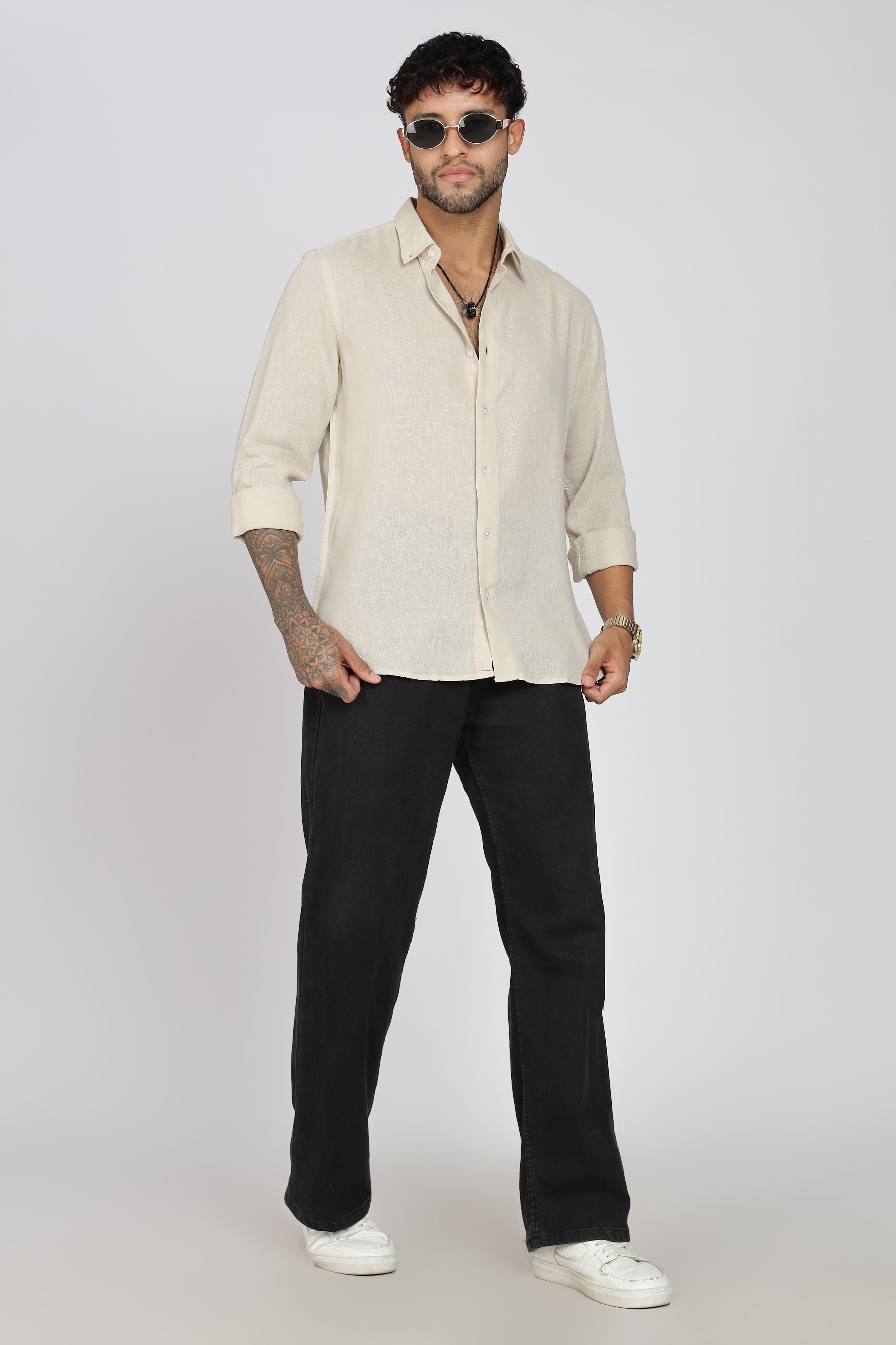 Men's Full Sleeves Plain Beige Shirt | Imported Linen Fabric | Formal & Party Wear