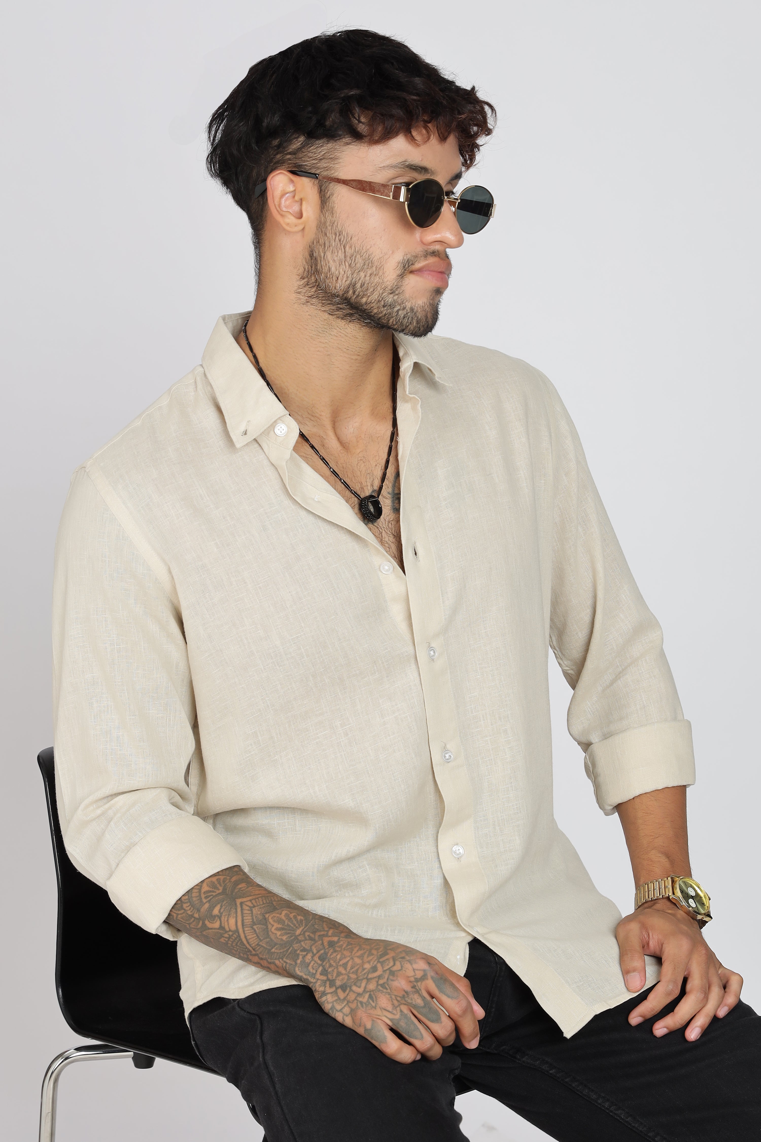 Men's Full Sleeves Plain Beige Shirt | Imported Linen Fabric | Formal & Party Wear