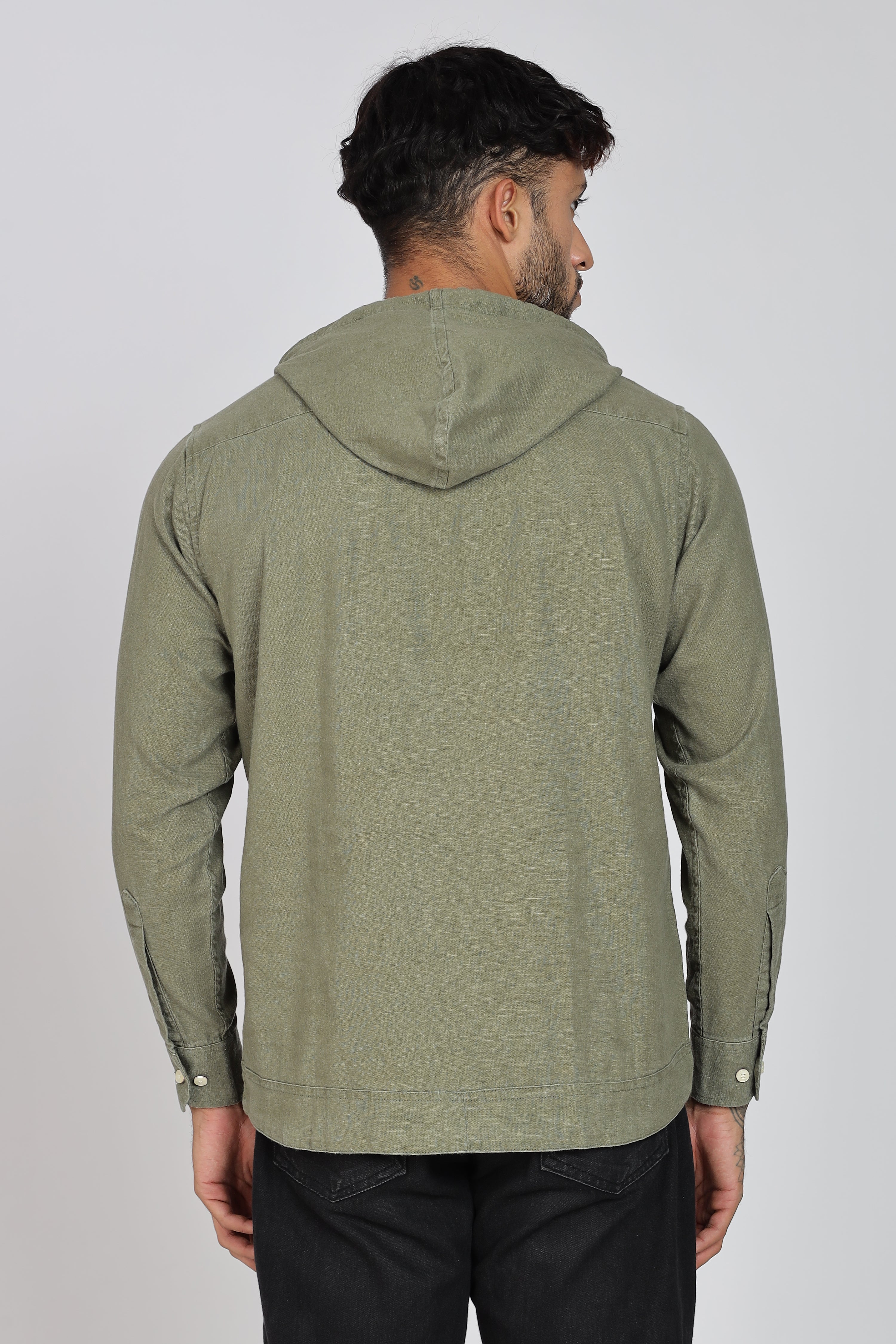 Men's Full Sleeves Plain Olive Hoodie | Imported Linen Fabric | Casual Wear