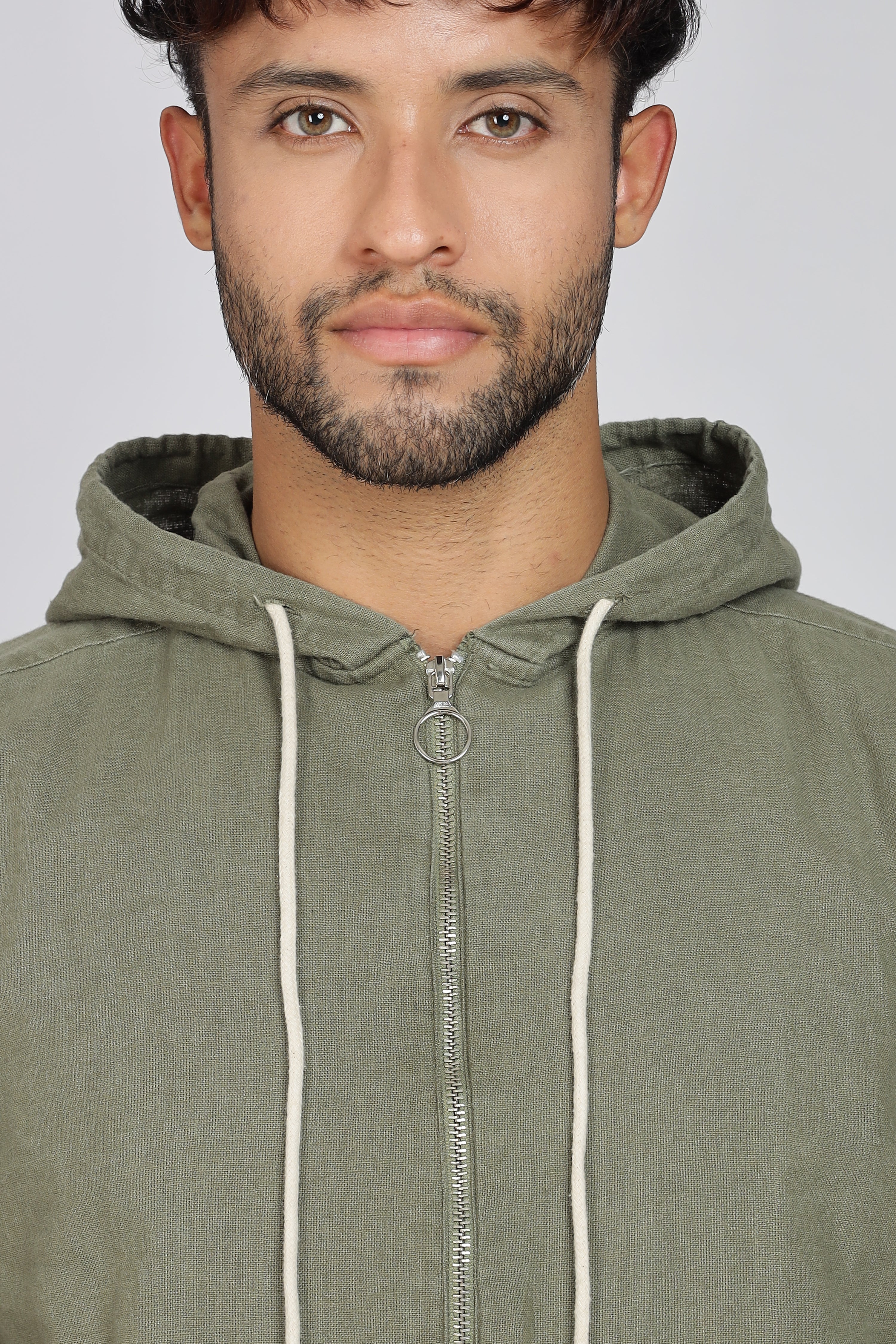 Men's Full Sleeves Plain Olive Hoodie | Imported Linen Fabric | Casual Wear