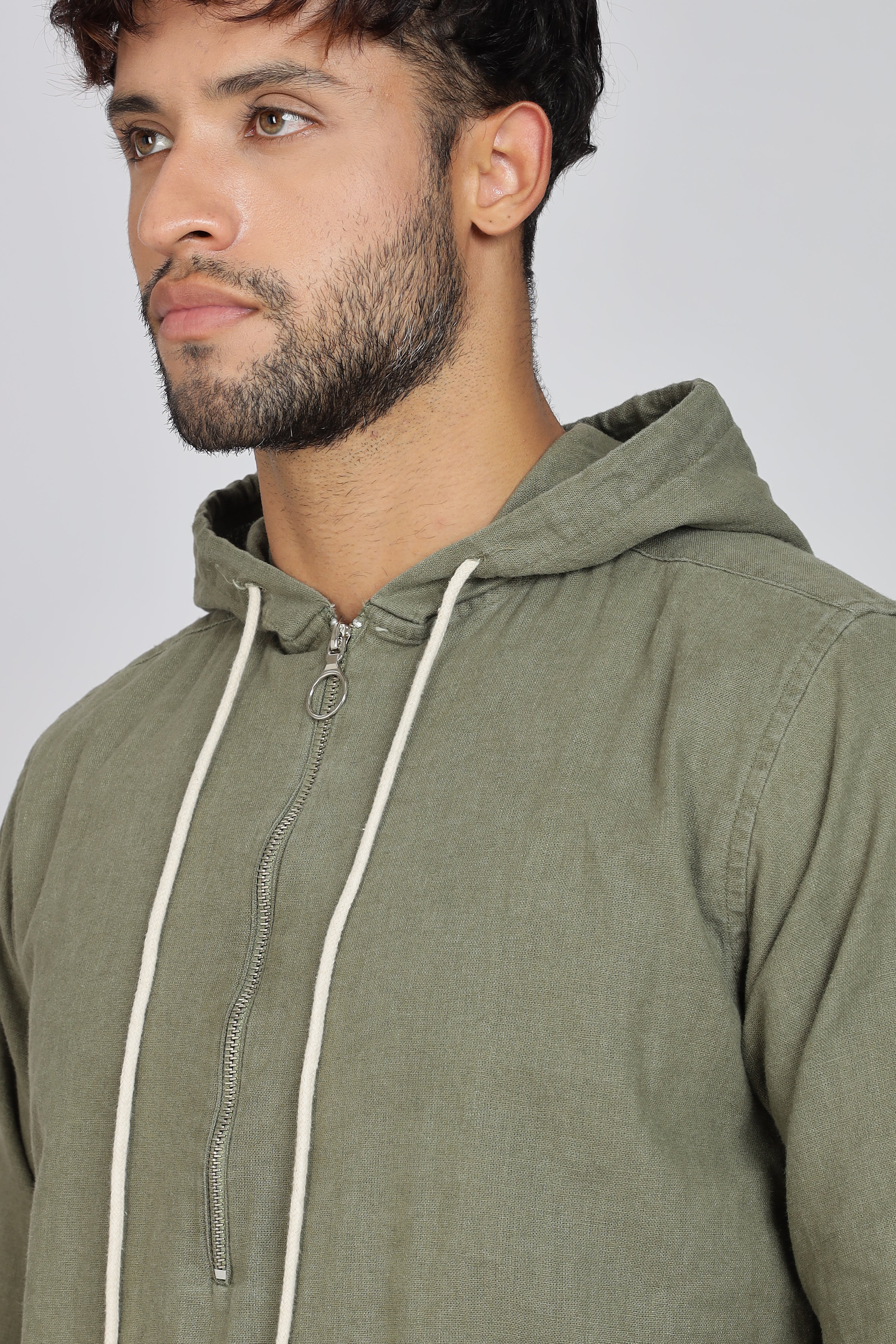 Men's Full Sleeves Plain Olive Hoodie | Imported Linen Fabric | Casual Wear