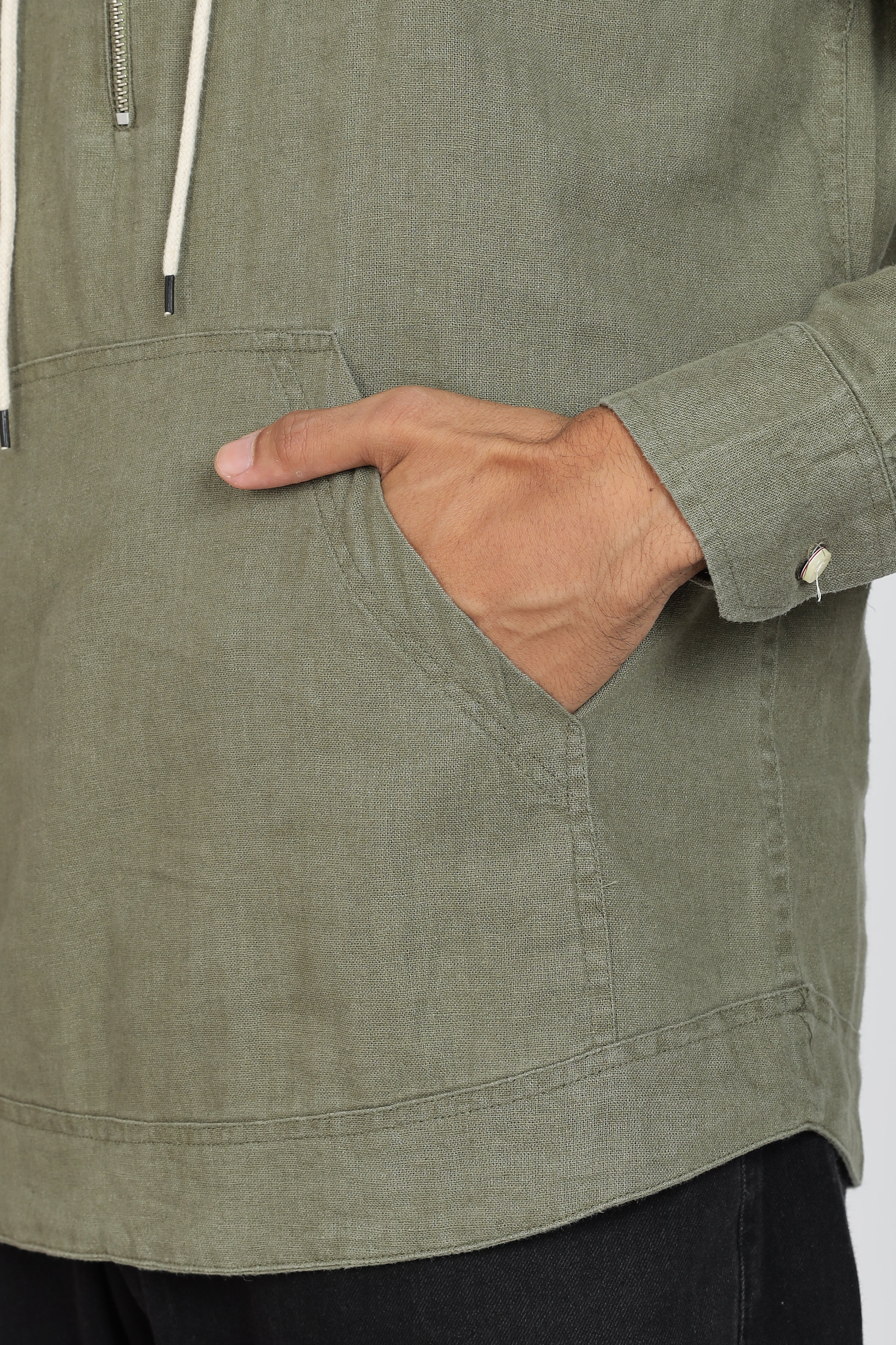 Men's Full Sleeves Plain Olive Hoodie | Imported Linen Fabric | Casual Wear
