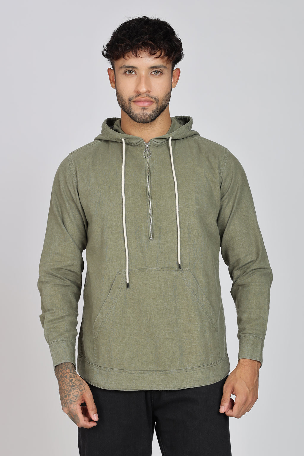 Men's Full Sleeves Plain Olive Hoodie | Imported Linen Fabric | Casual Wear