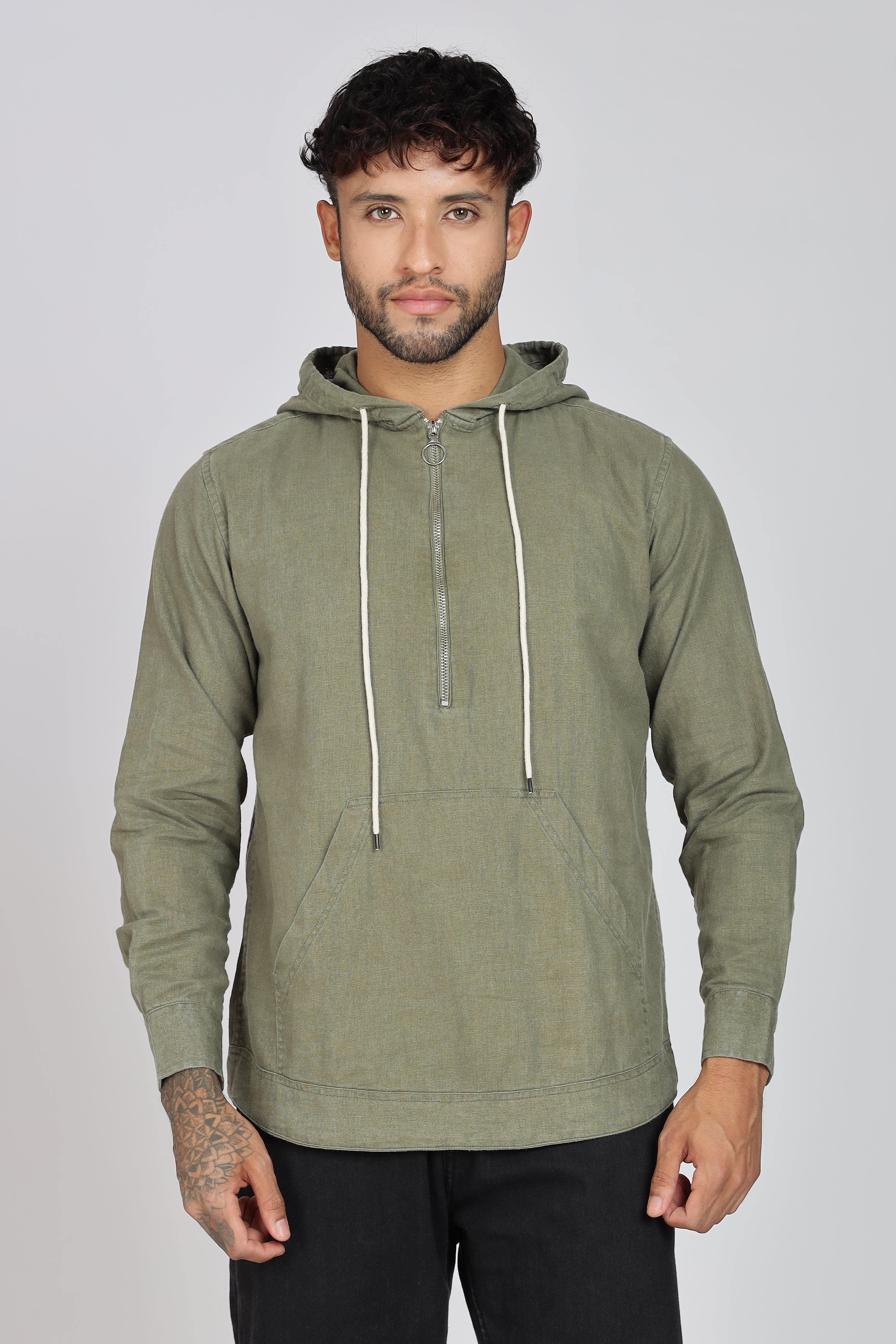 Men's Full Sleeves Plain Olive Hoodie | Imported Linen Fabric | Casual Wear