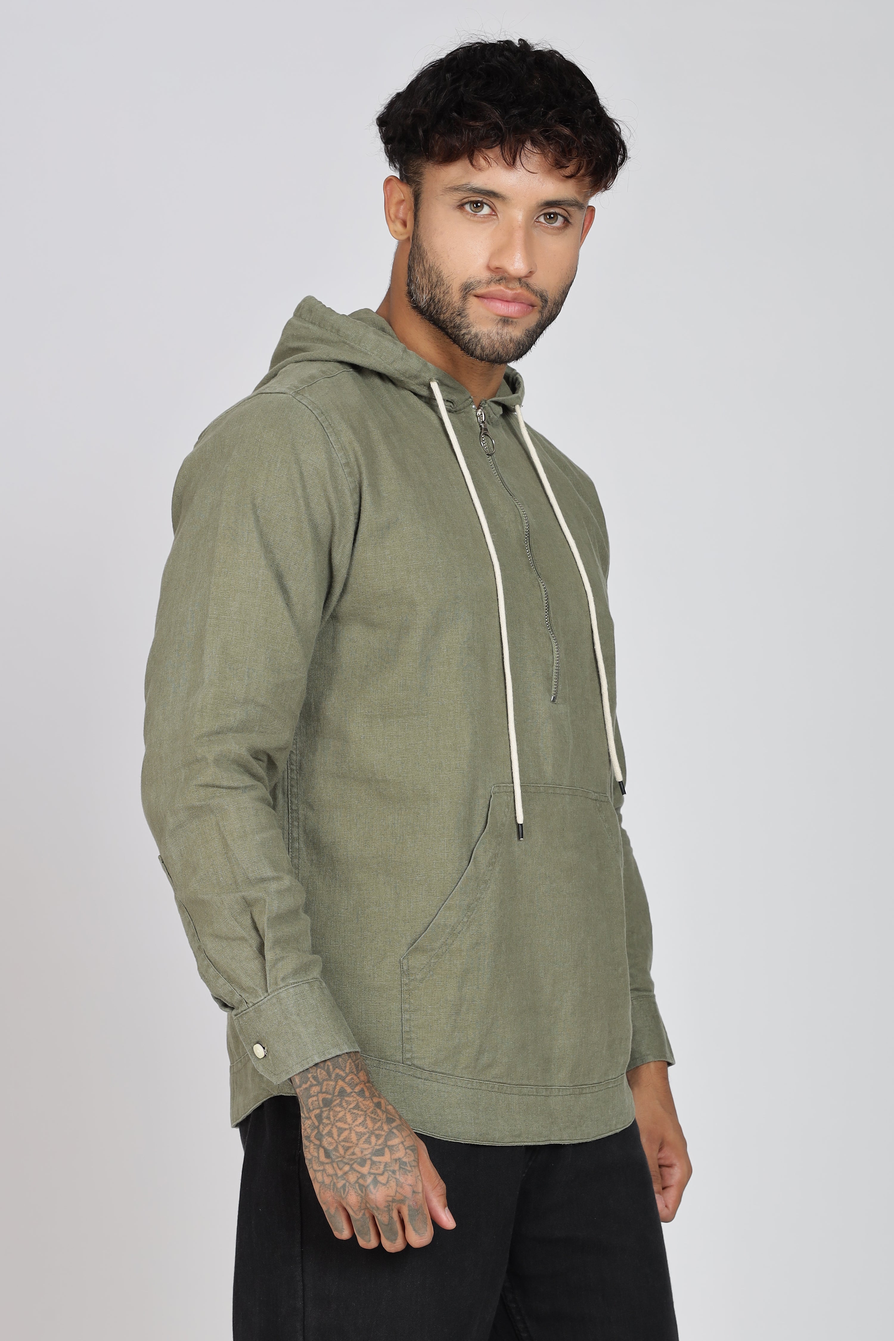 Men's Full Sleeves Plain Olive Hoodie | Imported Linen Fabric | Casual Wear