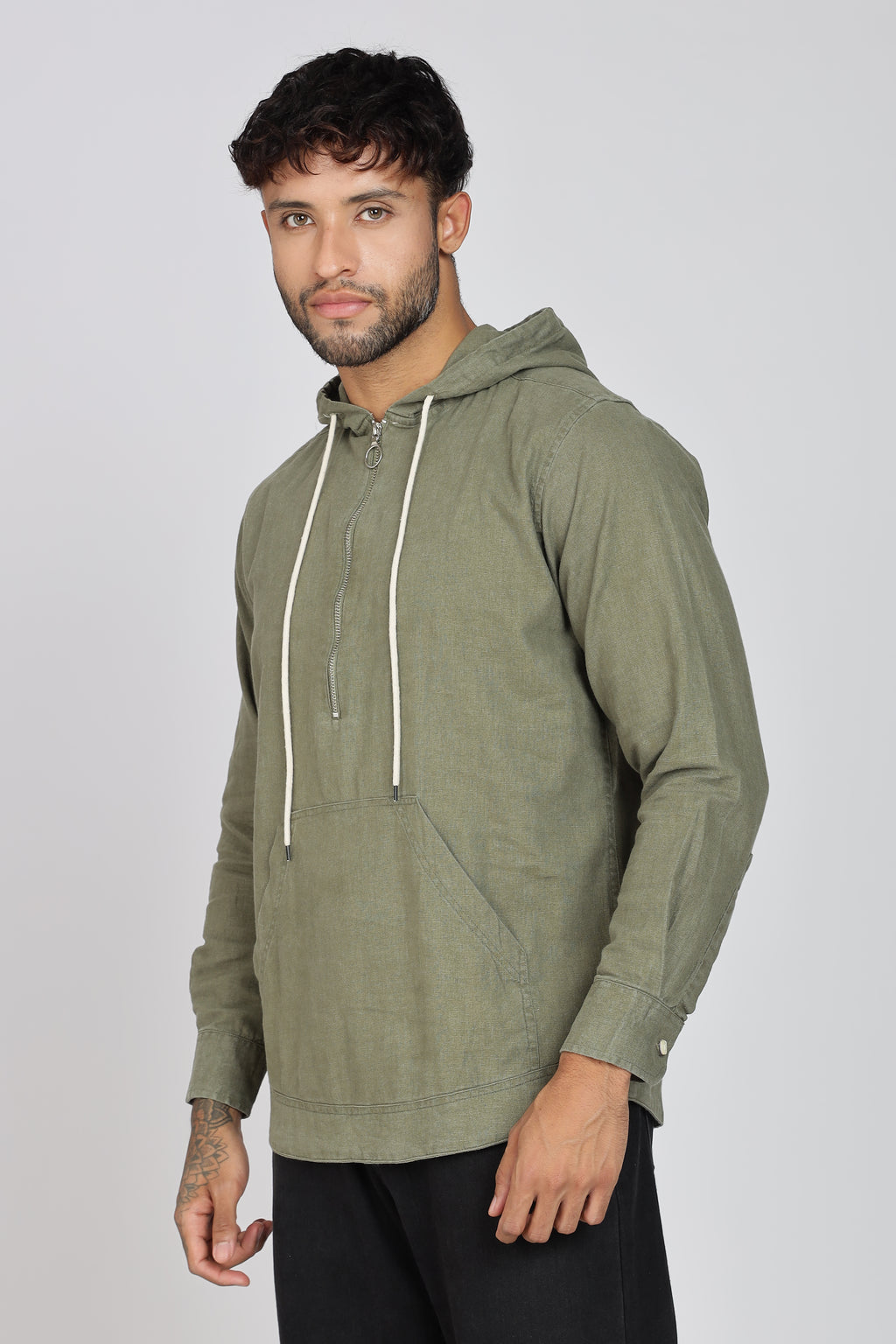 Men's Full Sleeves Plain Olive Hoodie | Imported Linen Fabric | Casual Wear