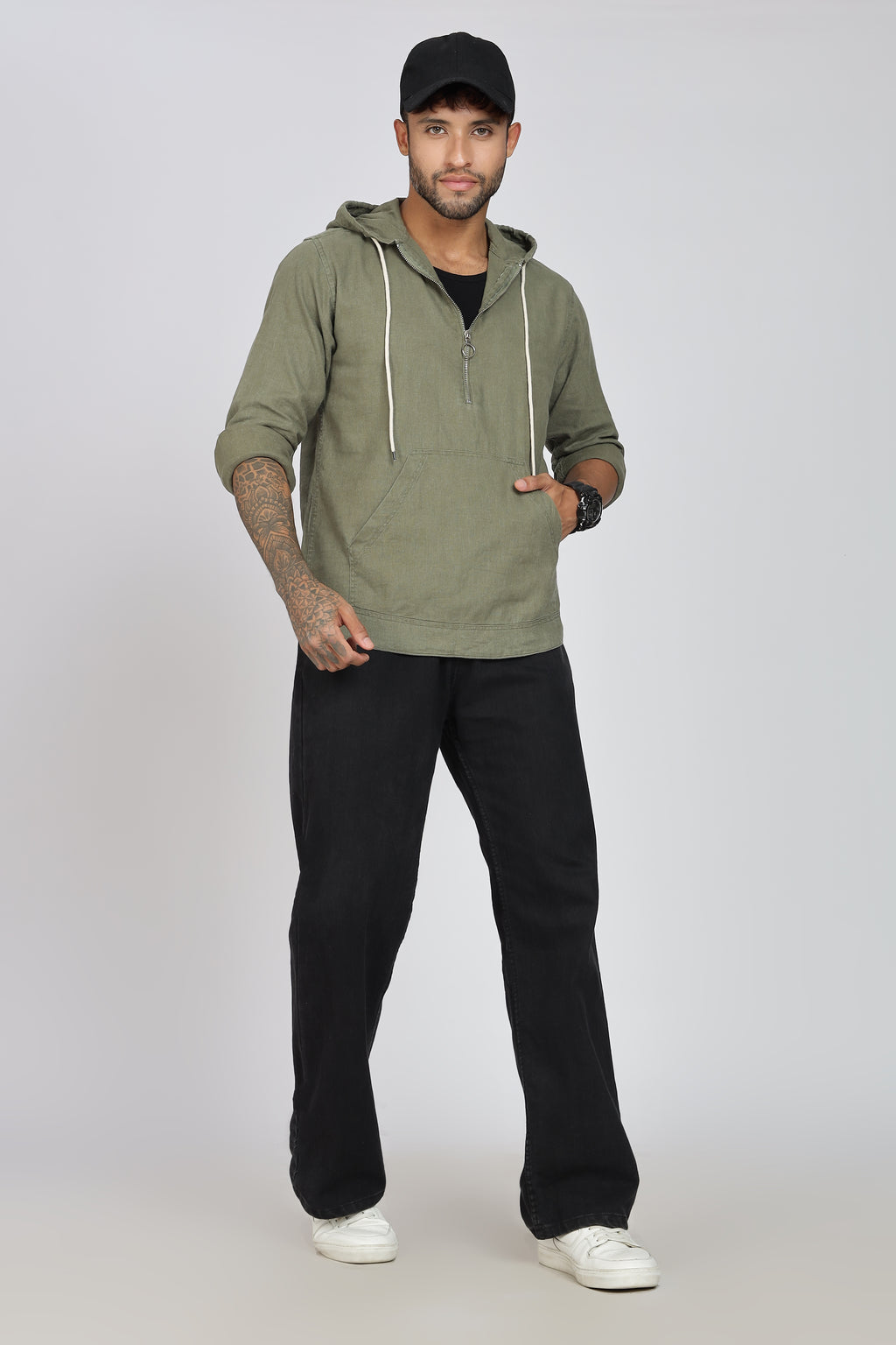 Men's Full Sleeves Plain Olive Hoodie | Imported Linen Fabric | Casual Wear