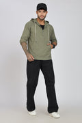 Men's Full Sleeves Plain Olive Hoodie | Imported Linen Fabric | Casual Wear