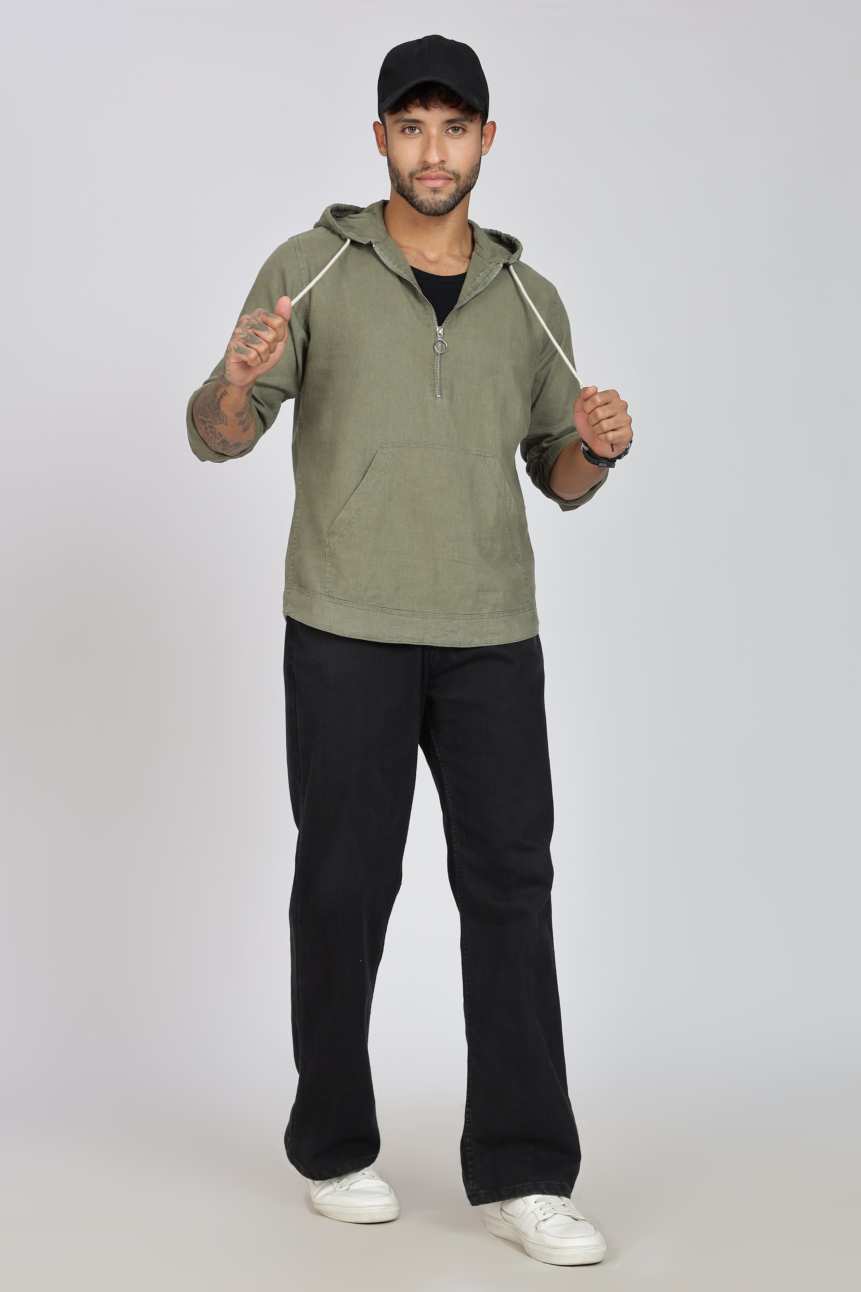Men's Full Sleeves Plain Olive Hoodie | Imported Linen Fabric | Casual Wear