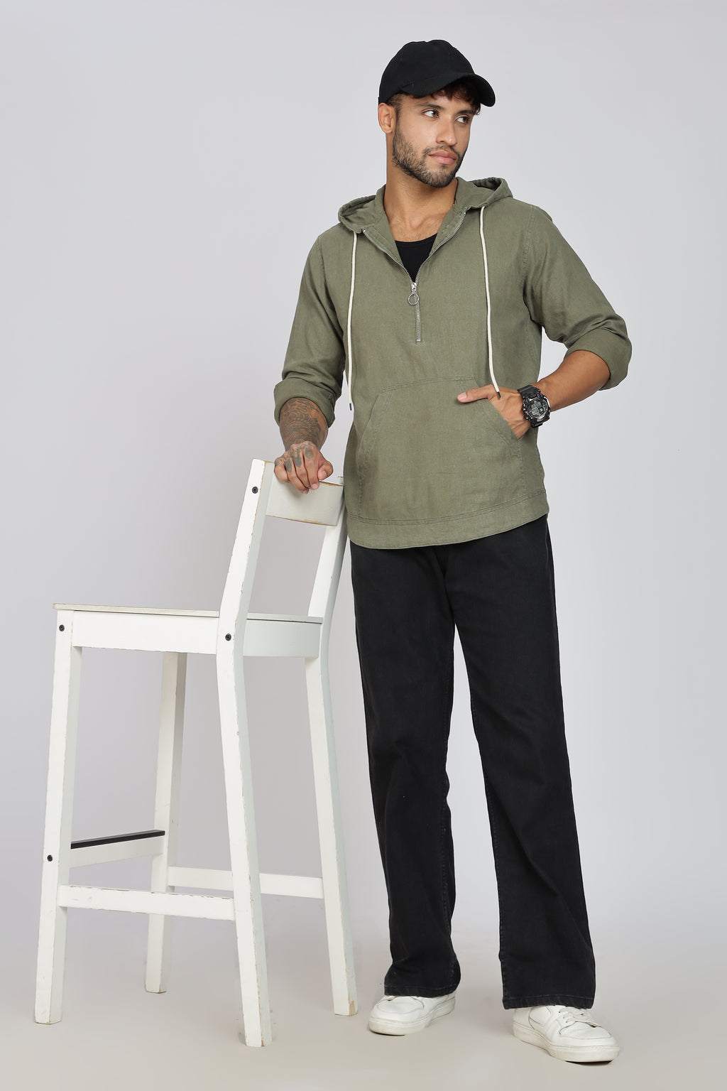 Men's Full Sleeves Plain Olive Hoodie | Imported Linen Fabric | Casual Wear