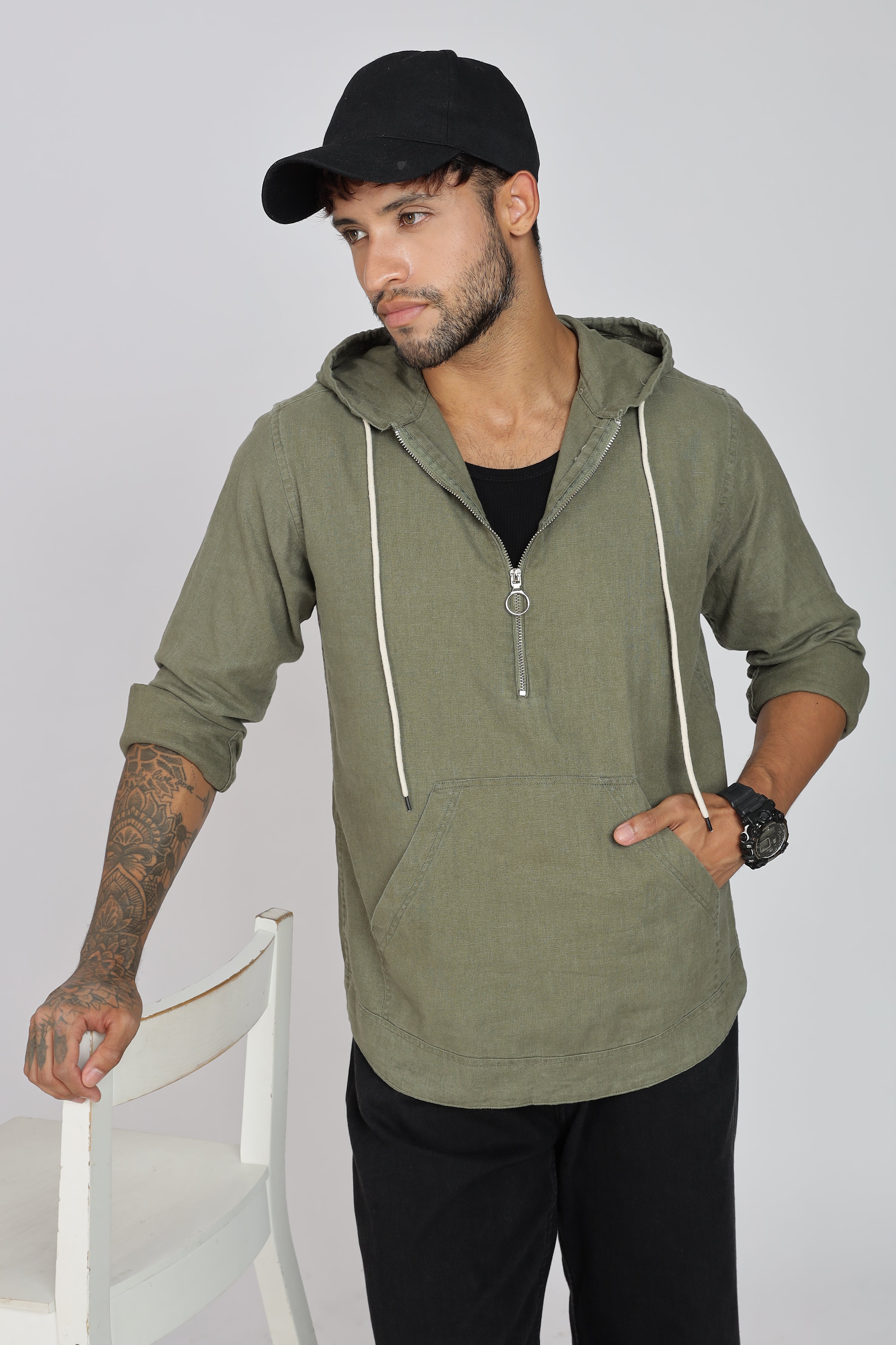 Men's Full Sleeves Plain Olive Hoodie | Imported Linen Fabric | Casual Wear