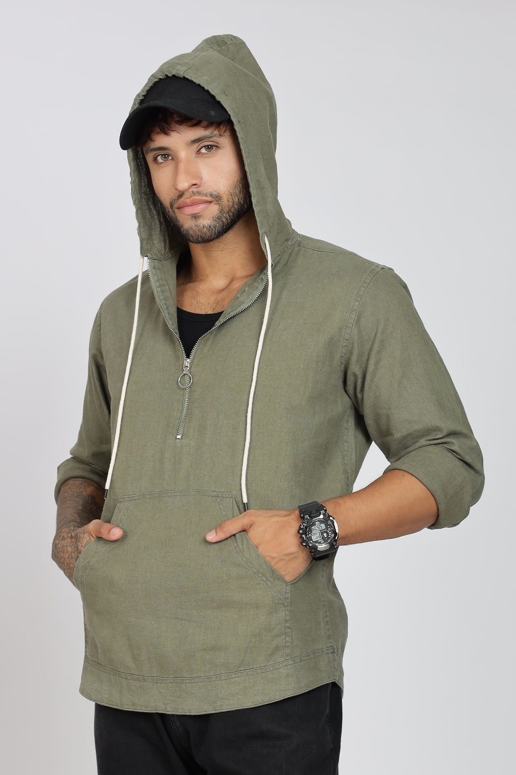 Men's Full Sleeves Plain Olive Hoodie | Imported Linen Fabric | Casual Wear