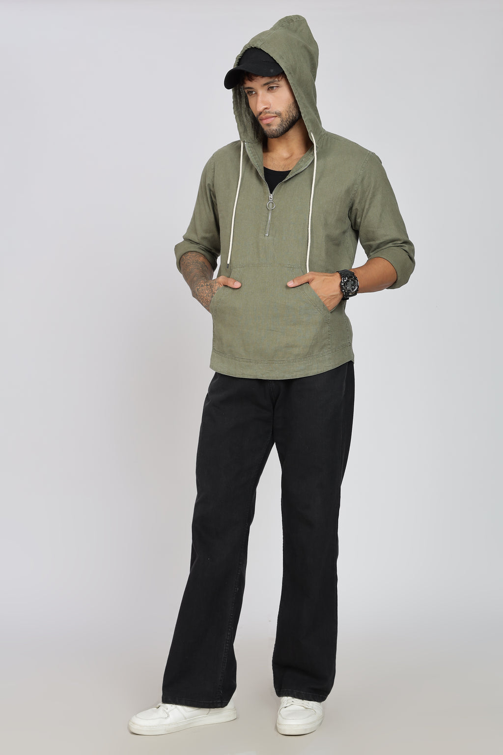 Men's Full Sleeves Plain Olive Hoodie | Imported Linen Fabric | Casual Wear