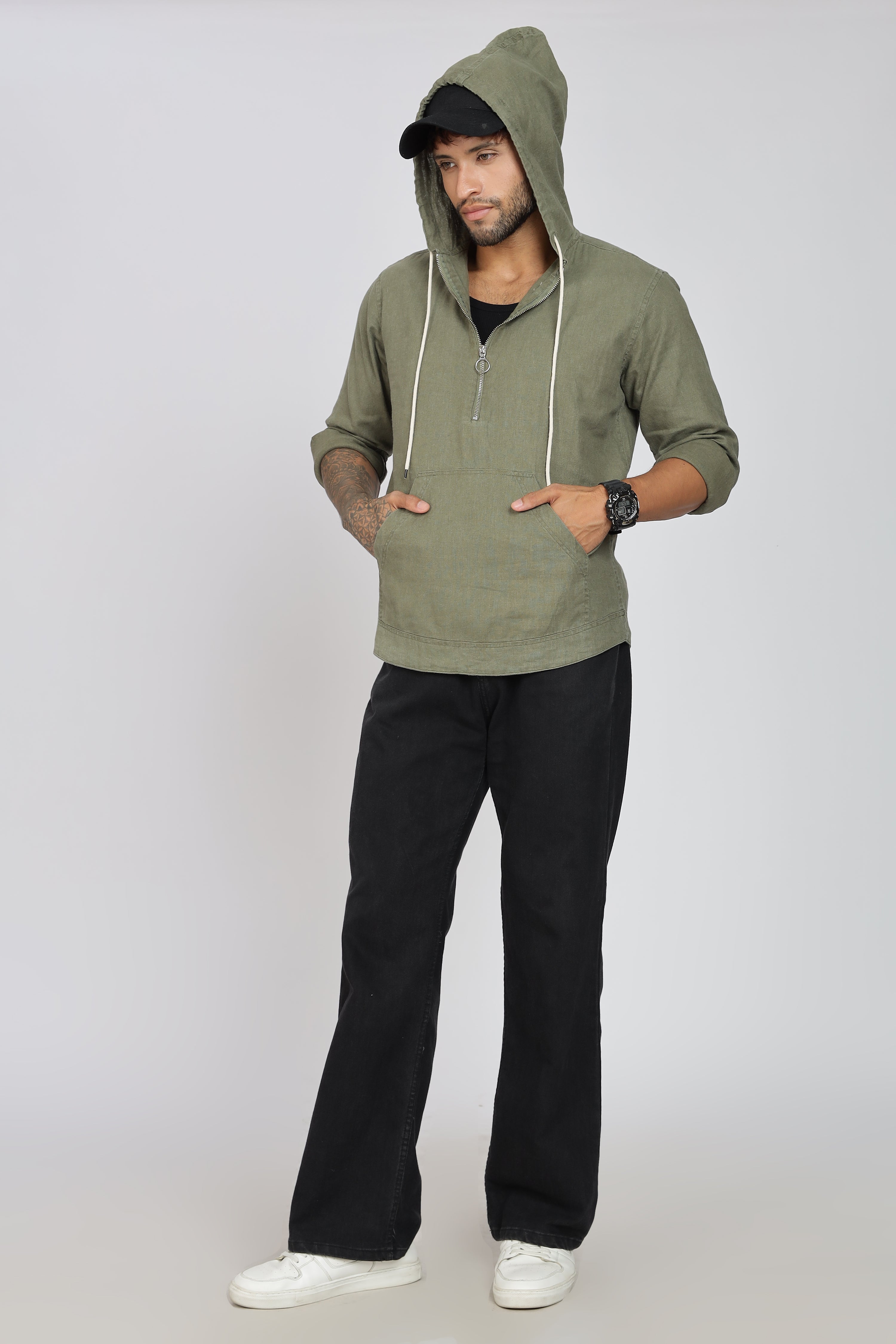 Men's Full Sleeves Plain Olive Hoodie | Imported Linen Fabric | Casual Wear