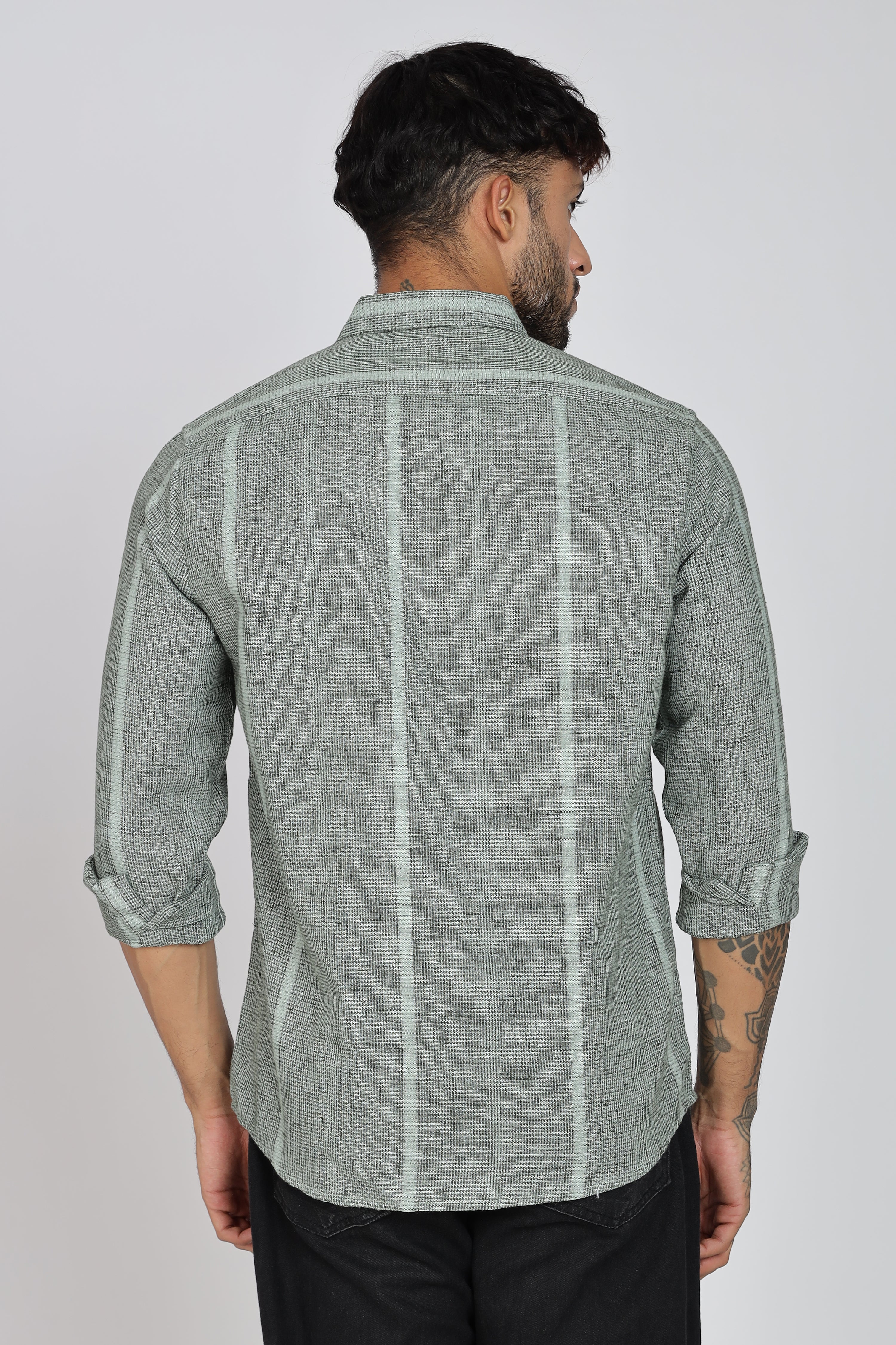 Men's Full Sleeves Stripped Light Green Shirt | Kinitted Fabric | Casual Wear