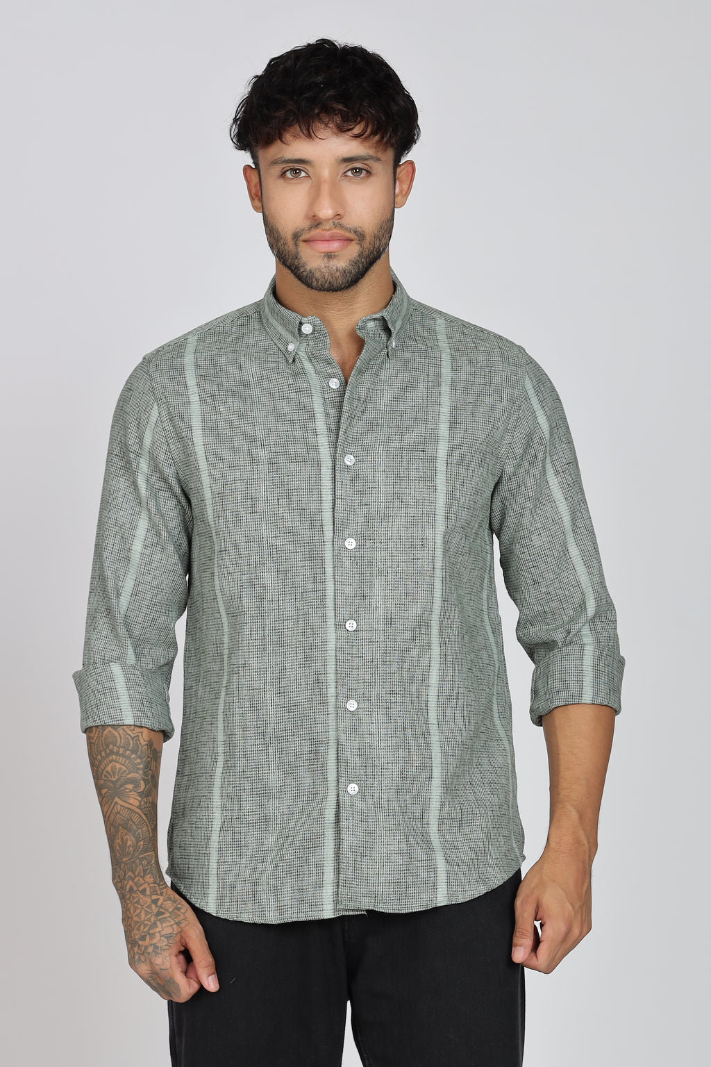 Men's Full Sleeves Stripped Light Green Shirt | Kinitted Fabric | Casual Wear