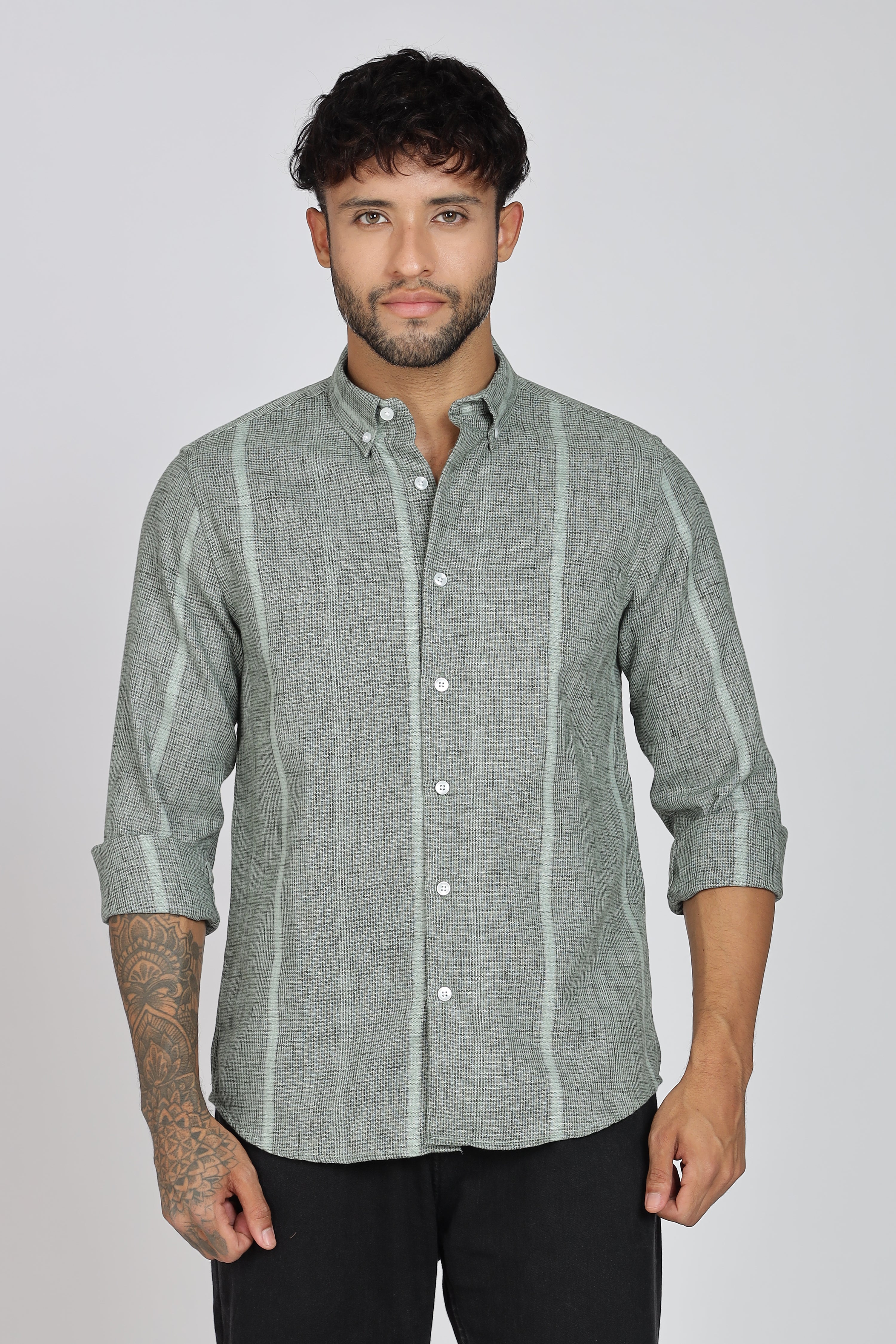 Men's Full Sleeves Stripped Light Green Shirt | Kinitted Fabric | Casual Wear