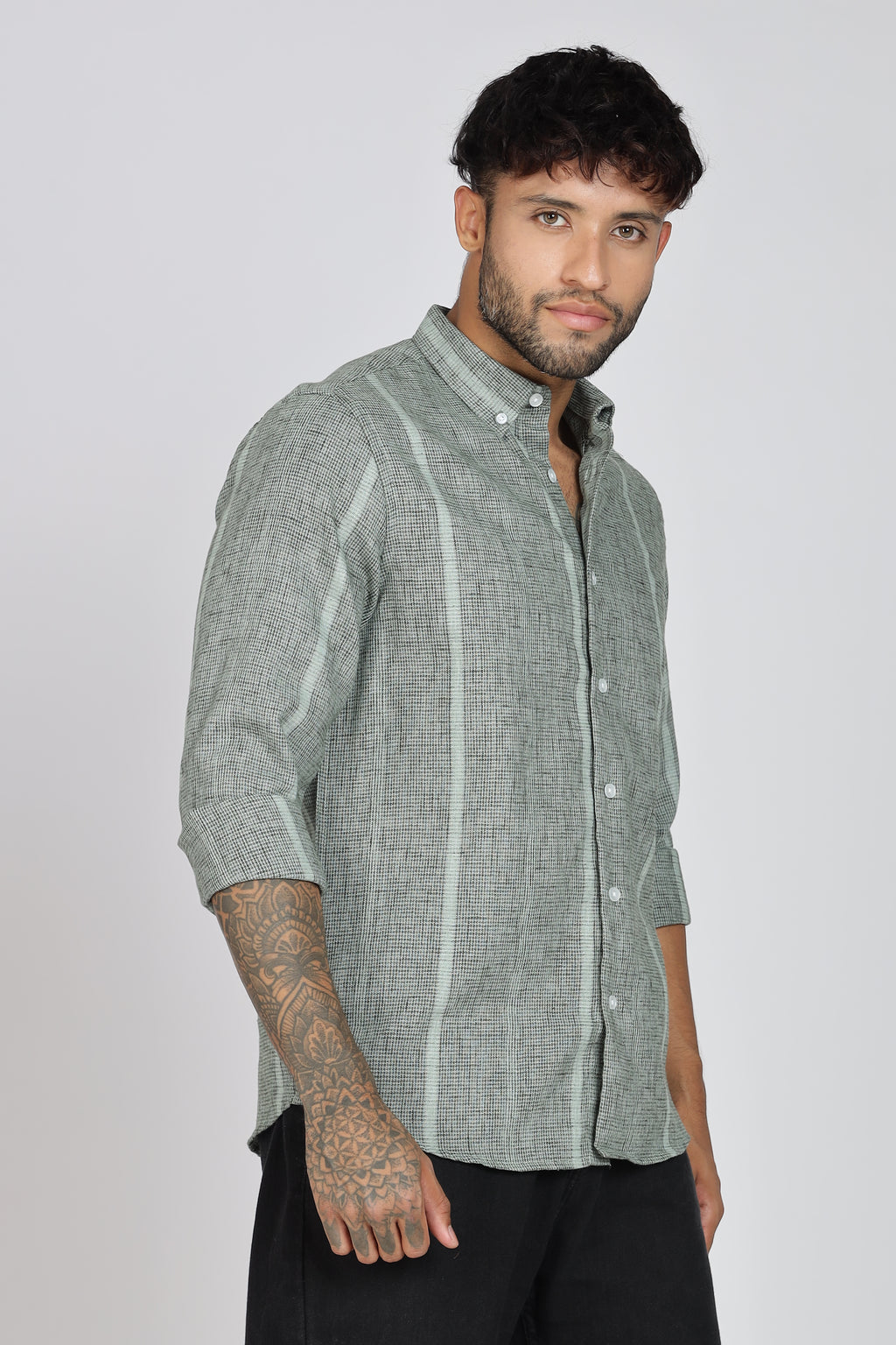 Men's Full Sleeves Stripped Light Green Shirt | Kinitted Fabric | Casual Wear