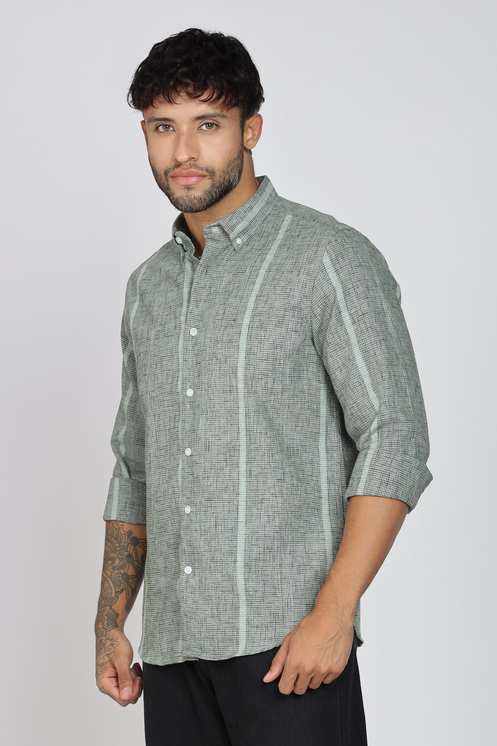 Men's Full Sleeves Stripped Light Green Shirt | Kinitted Fabric | Casual Wear