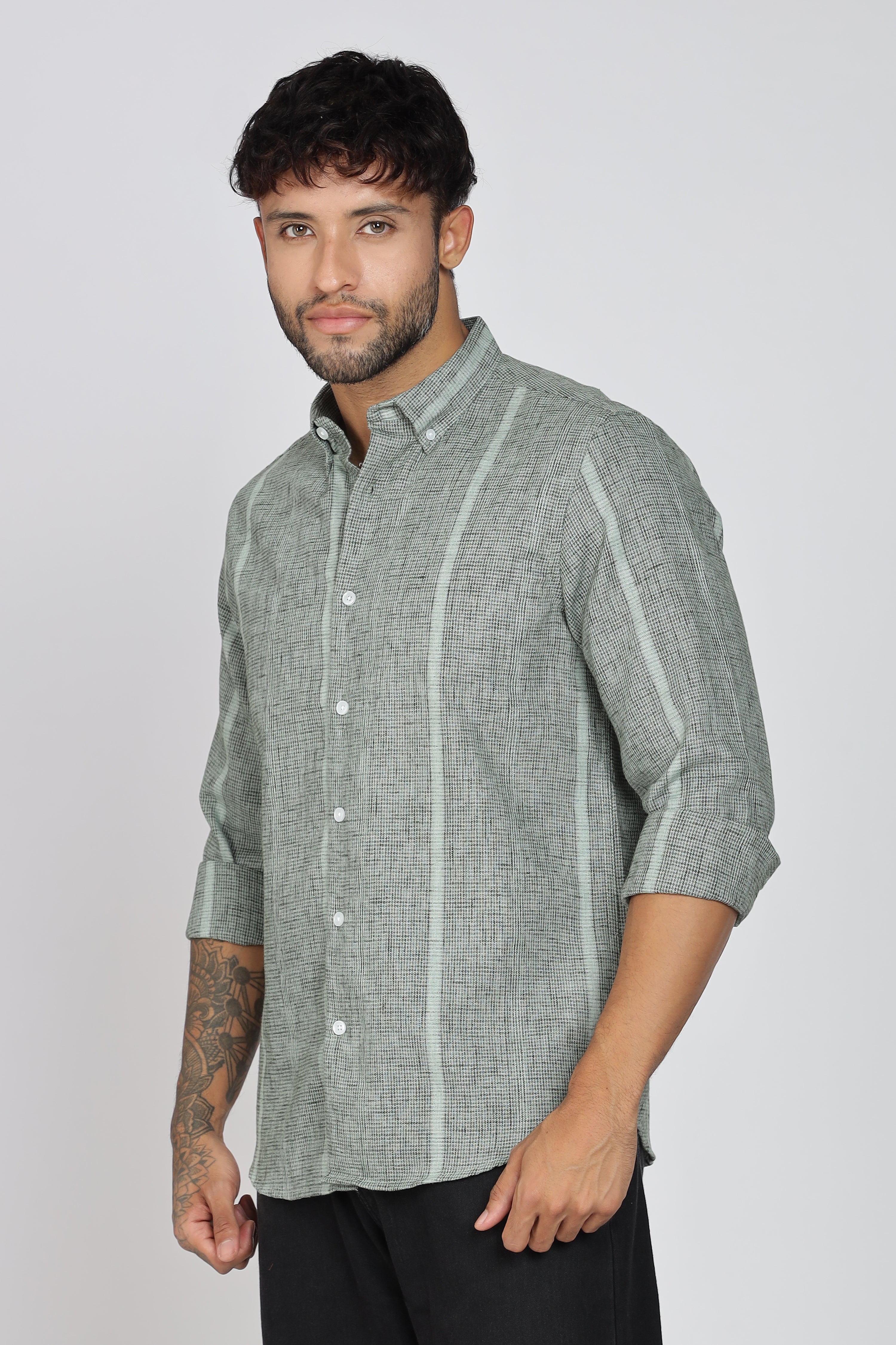 Men's Full Sleeves Stripped Light Green Shirt | Kinitted Fabric | Casual Wear